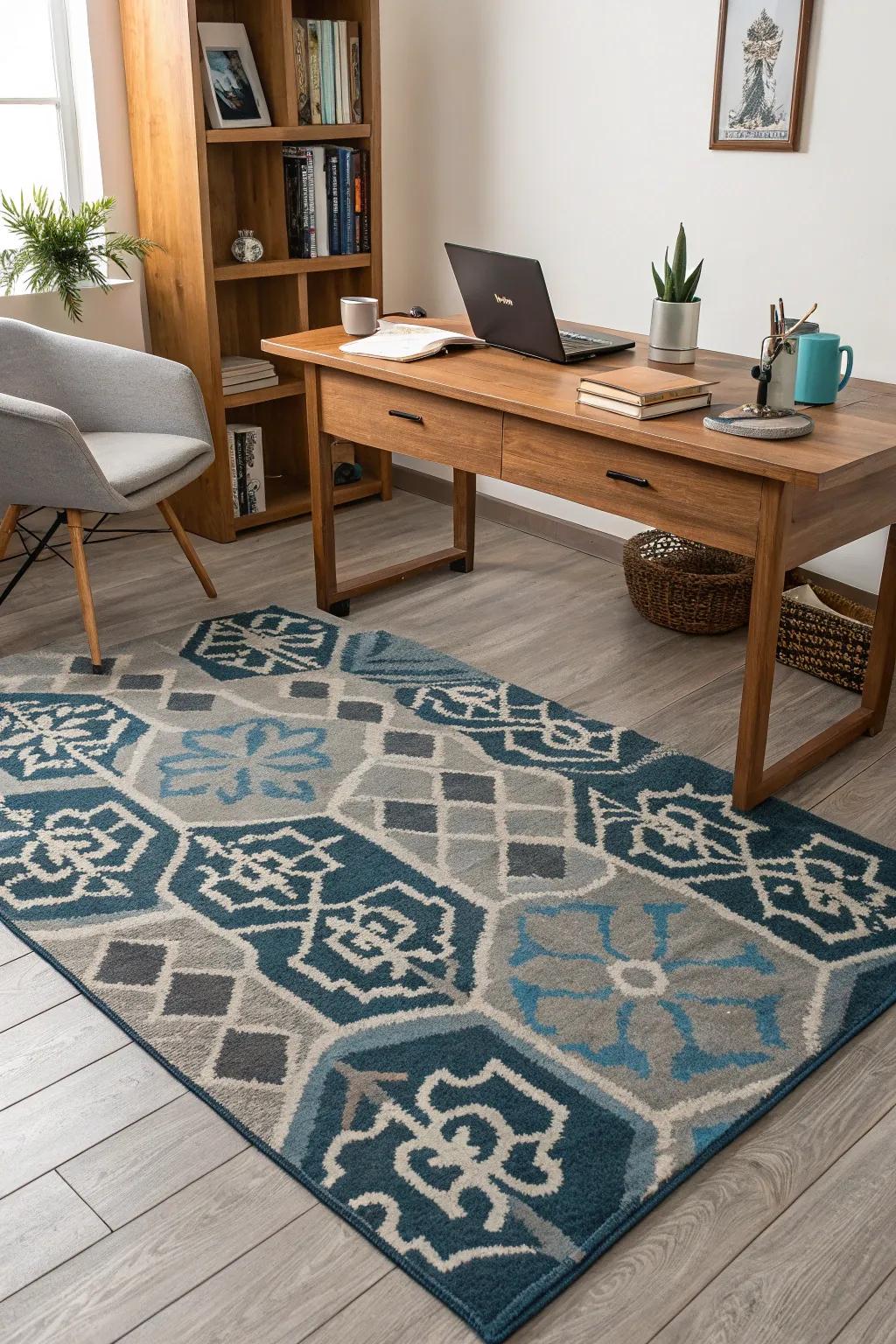 A statement area rug under a wooden desk defines the workspace area.