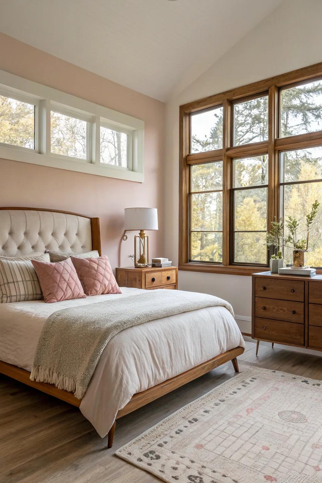 A mid-century modern bedroom bathed in natural light from expansive windows.