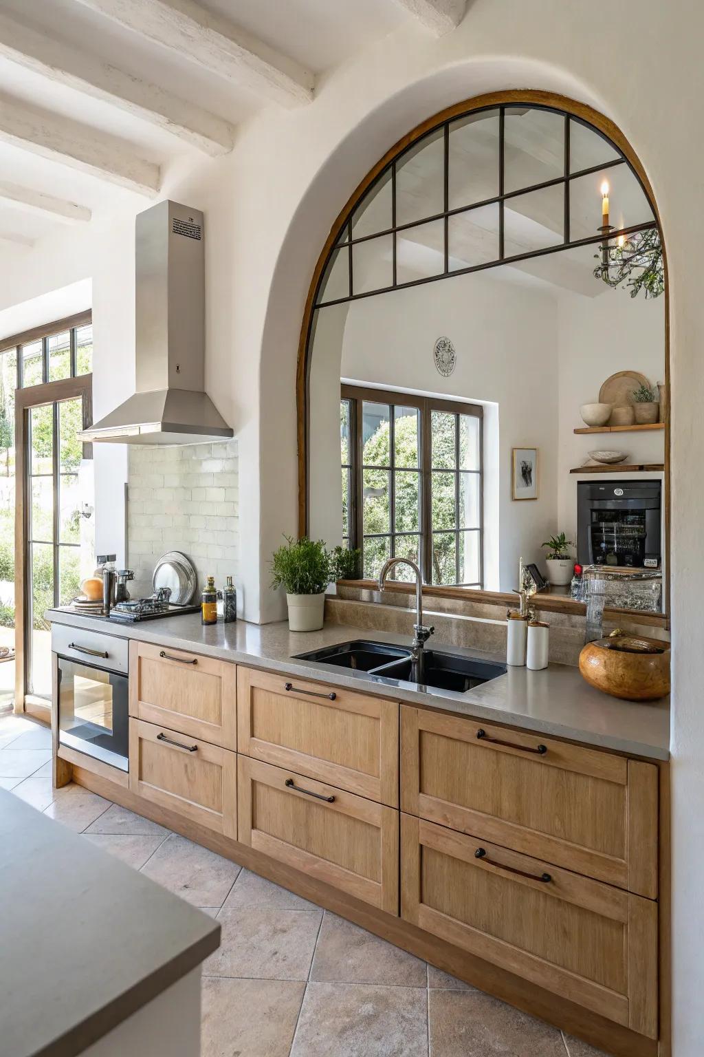 An arched mirror that enhances architectural interest and complements kitchen design.