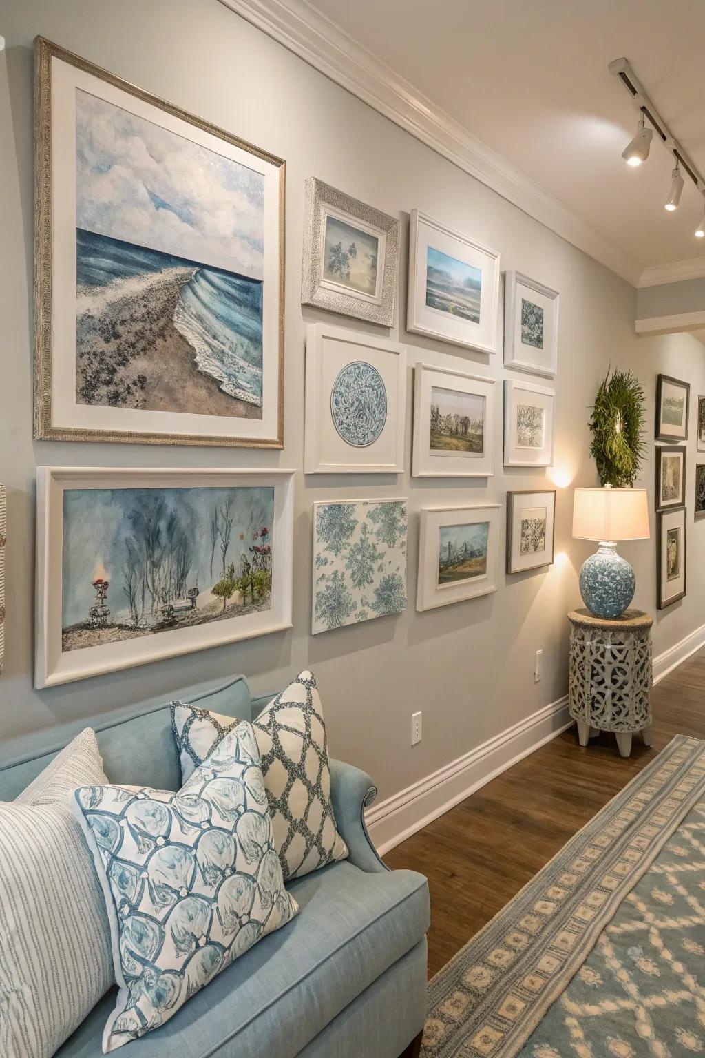 A cohesive color palette unifies the gallery wall.