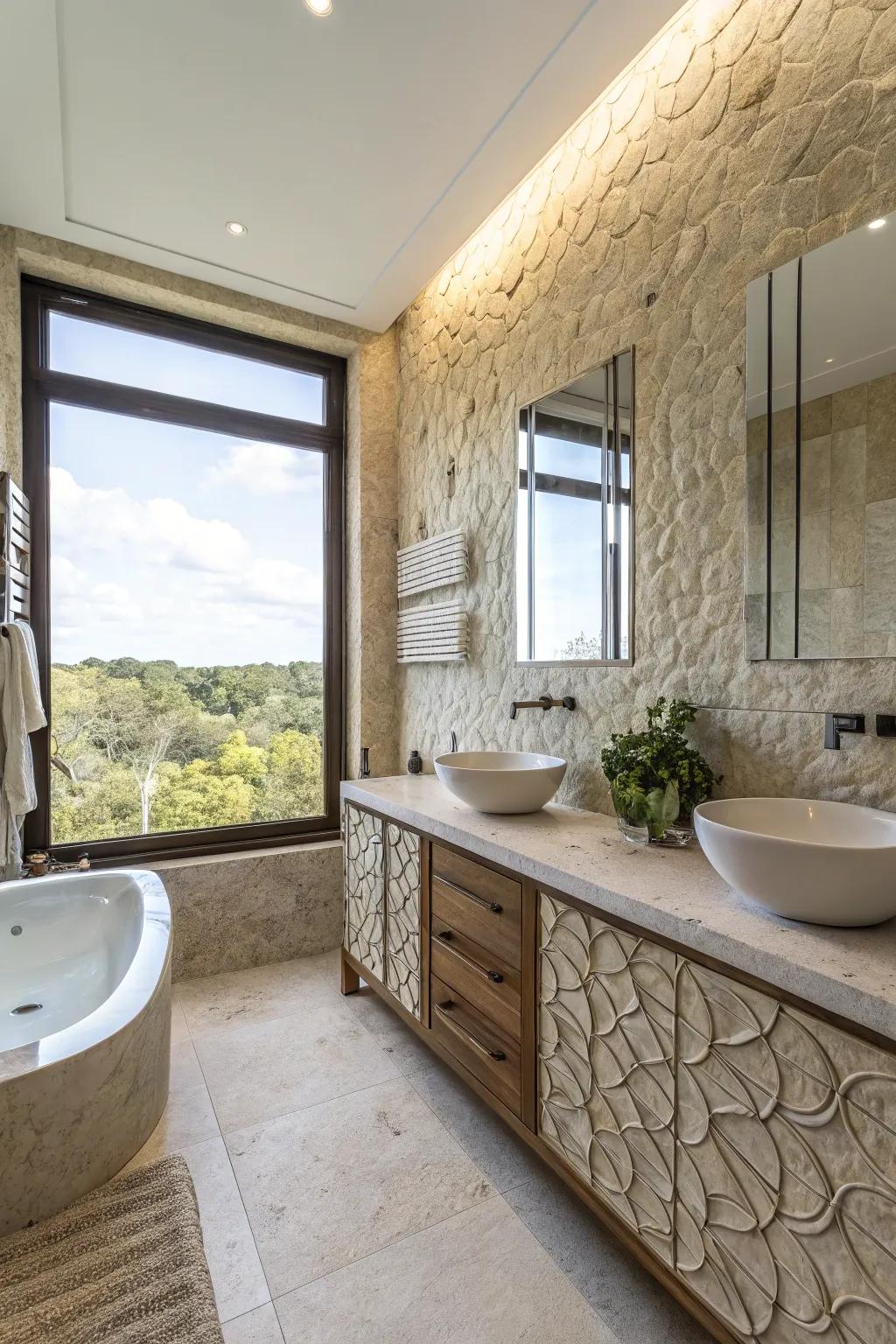 Textured tiles add depth and character to this modern bathroom.