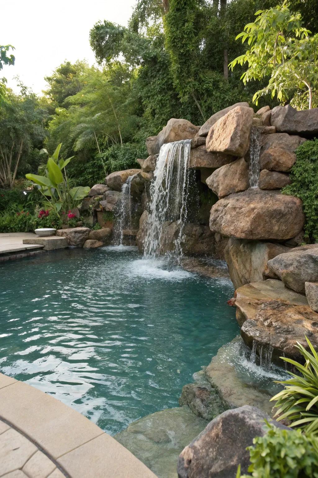 A waterfall feature adds movement and tranquility.