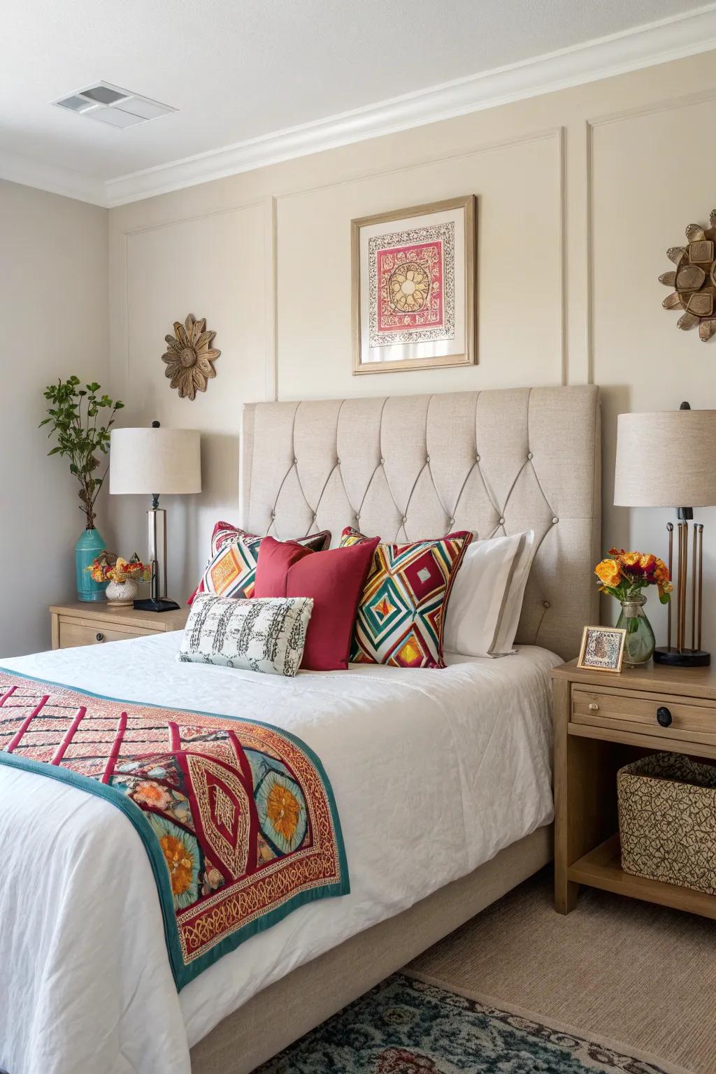 Neutral tones paired with accent colors create a balanced bedroom design.