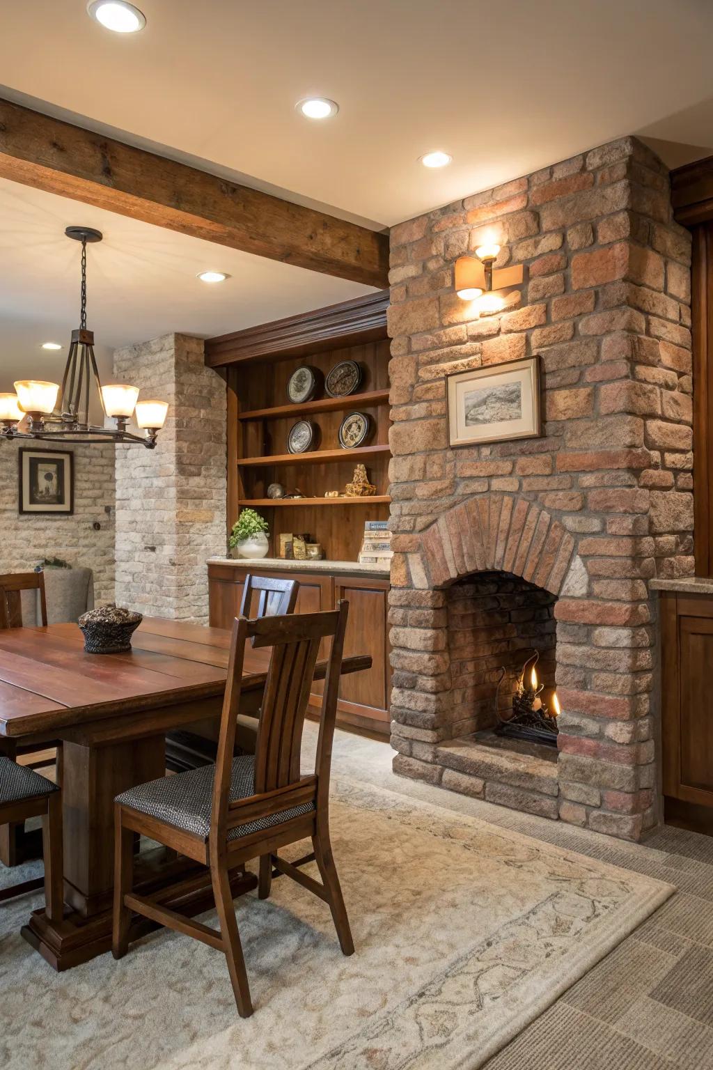 Stone and brick accents provide rustic charm to this modern farmhouse interior.