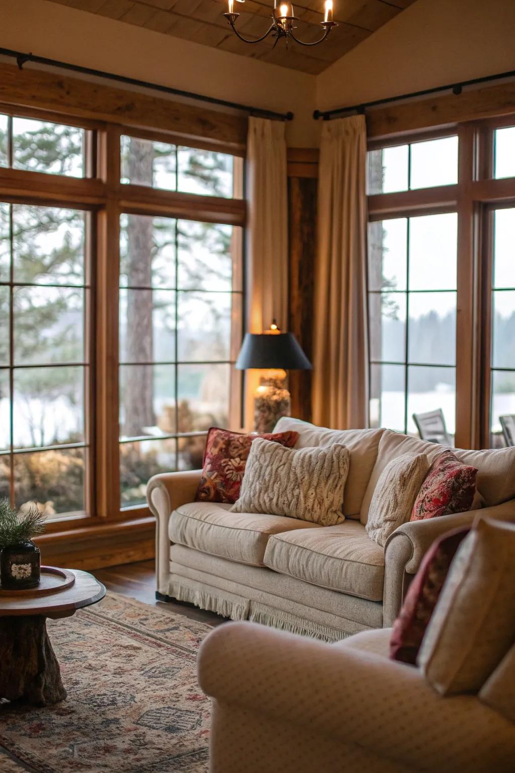 Large windows bring in natural light, enhancing the open and airy feel.