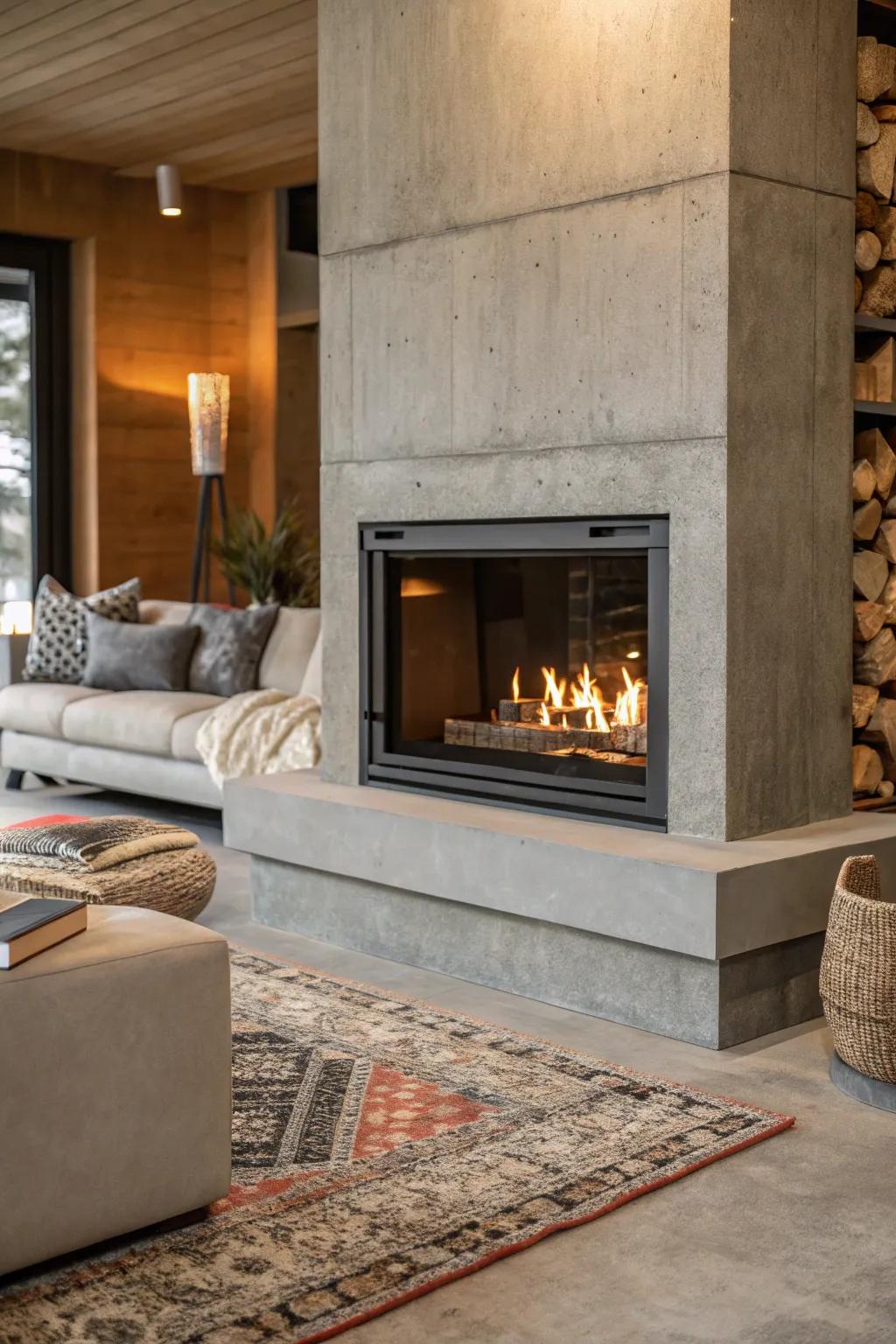 An industrial chic concrete fireplace that adds a raw edge to the decor.