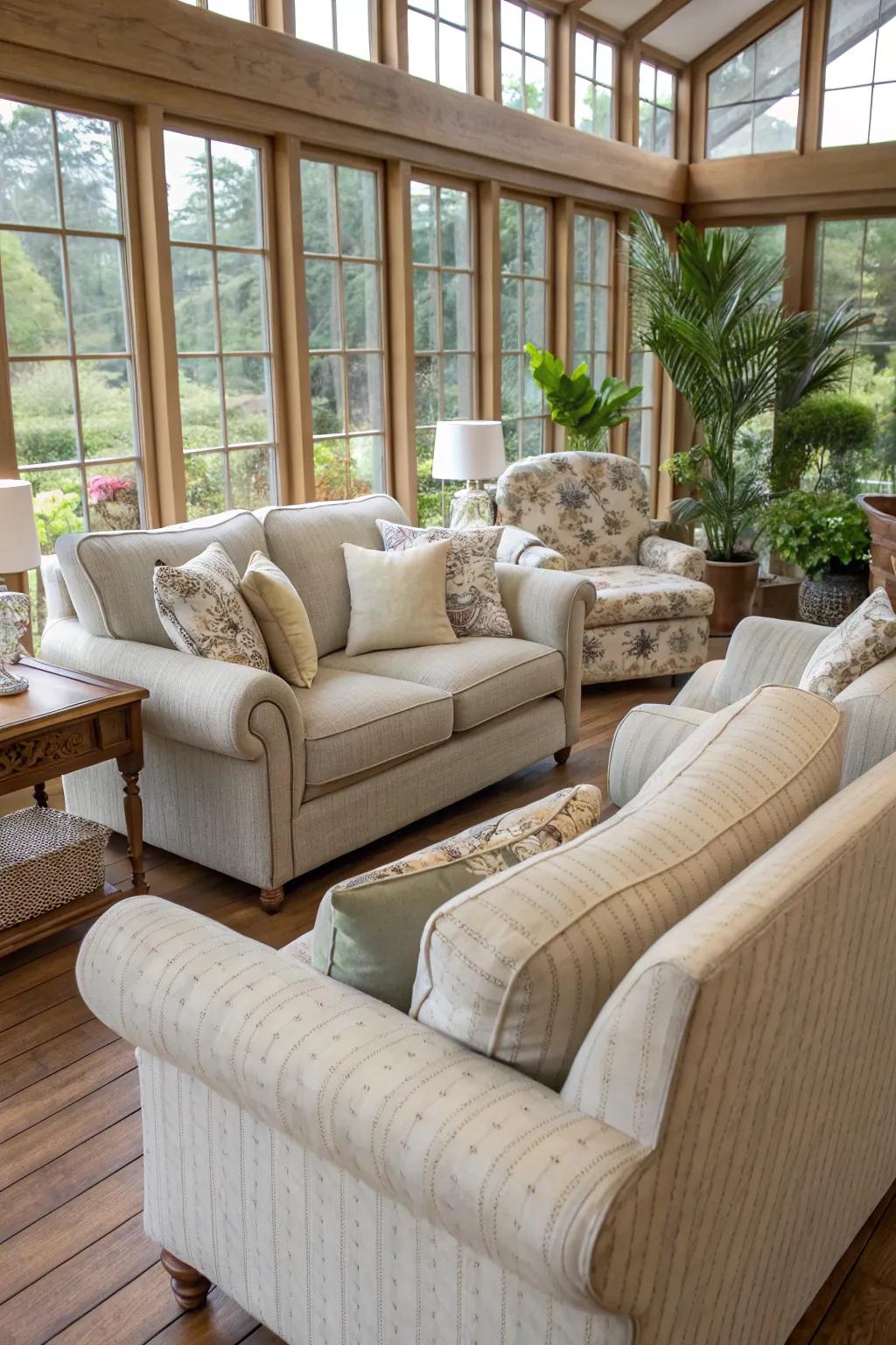 Comfortable seating invites relaxation in this cozy sunroom.