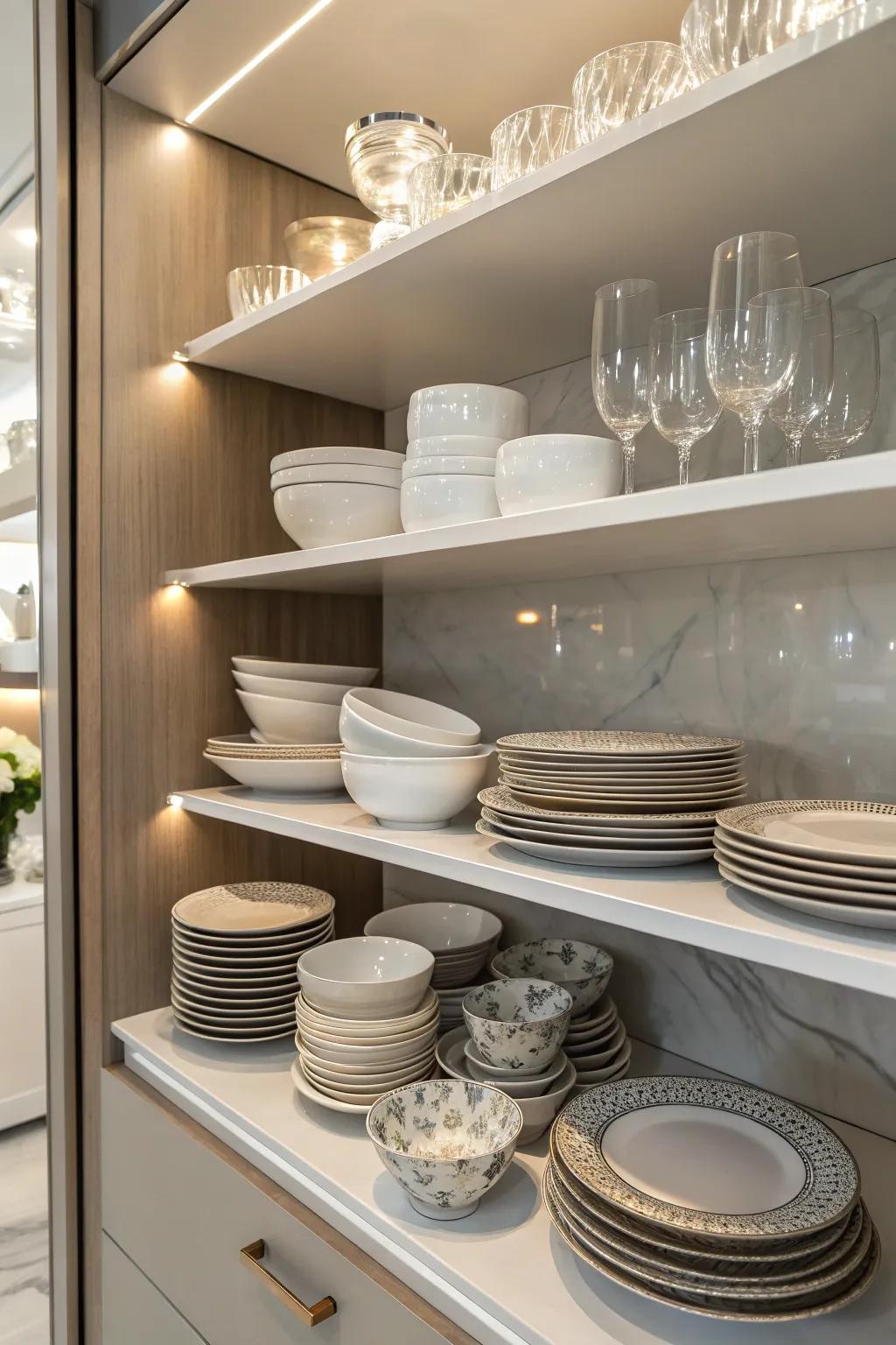 Beautifully displayed tableware enhances the hutch's functionality and style.