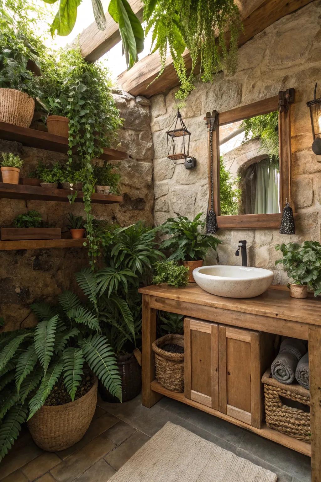 Greenery adds a refreshing and natural element to the rustic decor.