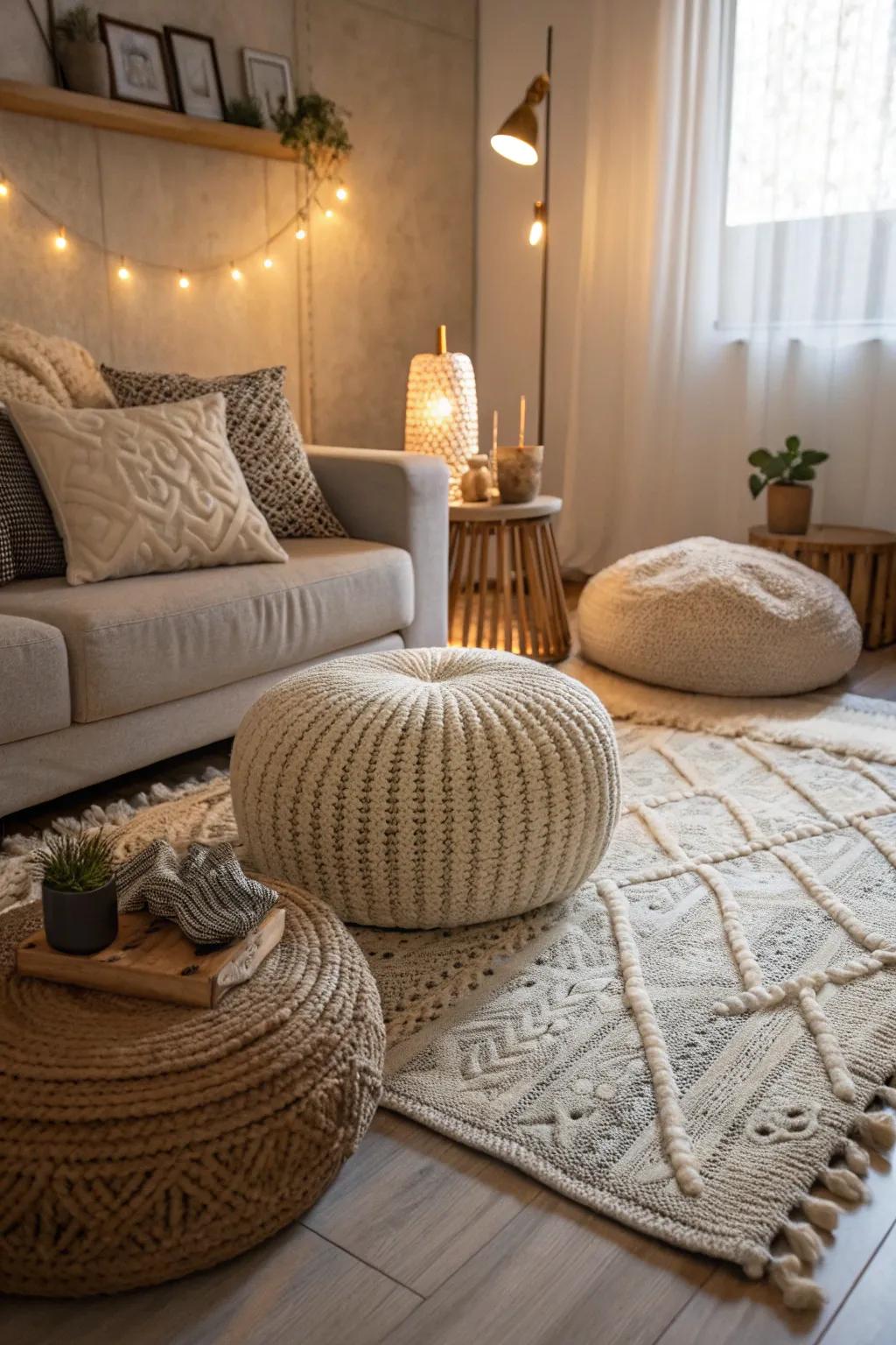A small modern living room with textured rugs and cushions for added warmth.