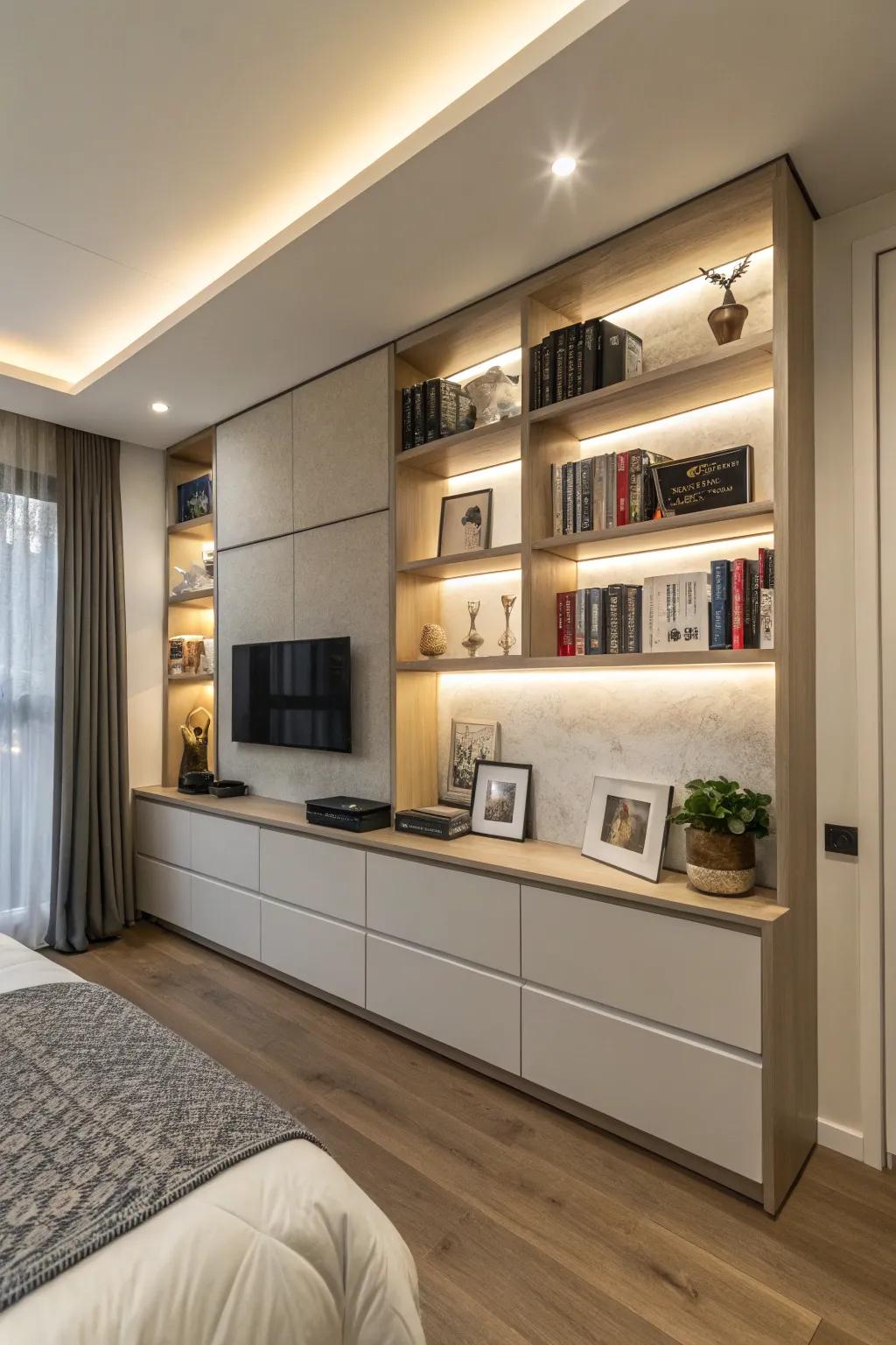 A studio apartment with smart storage solutions like wall-mounted shelves and built-in cabinetry.