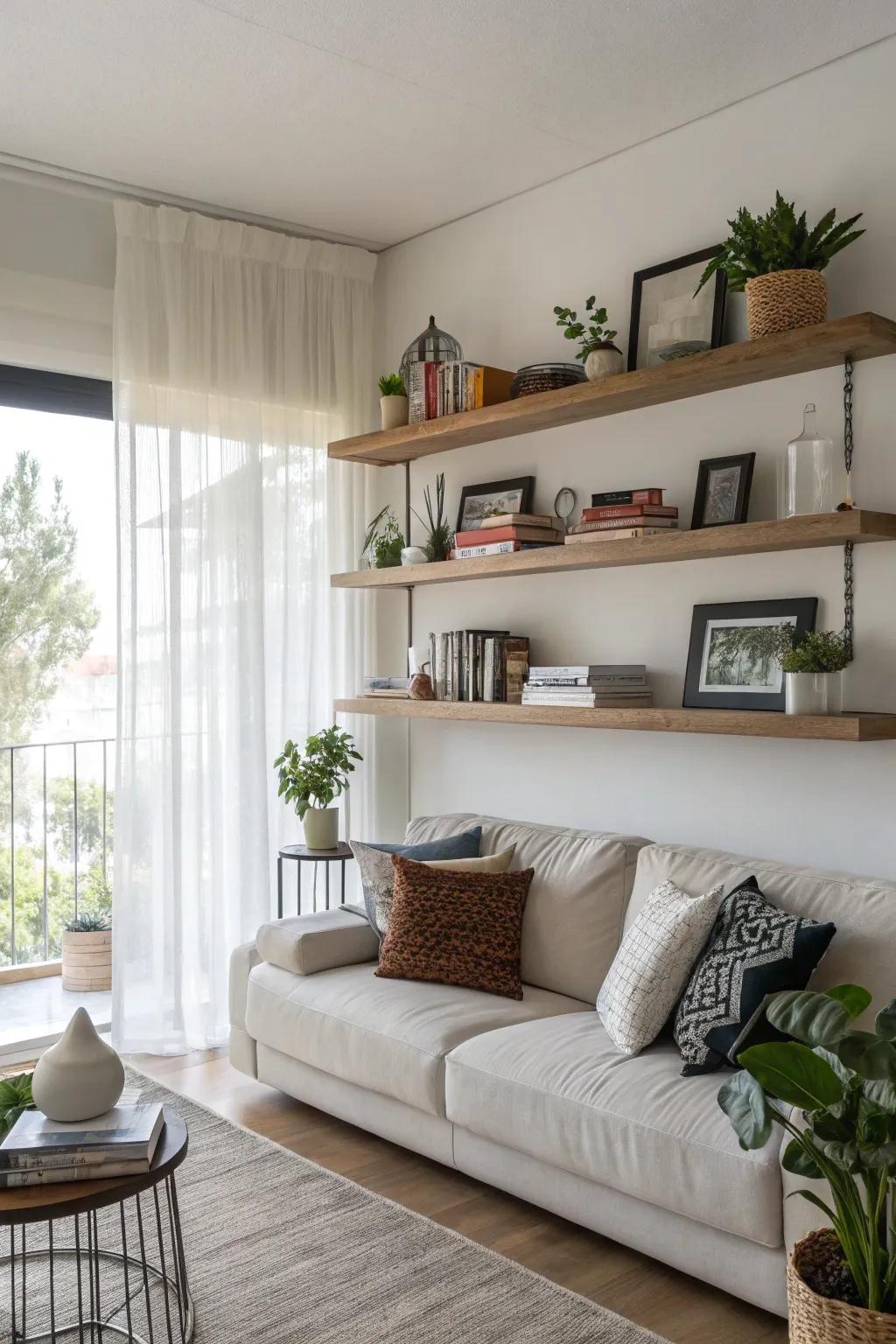 Floating shelves offer both storage and style.