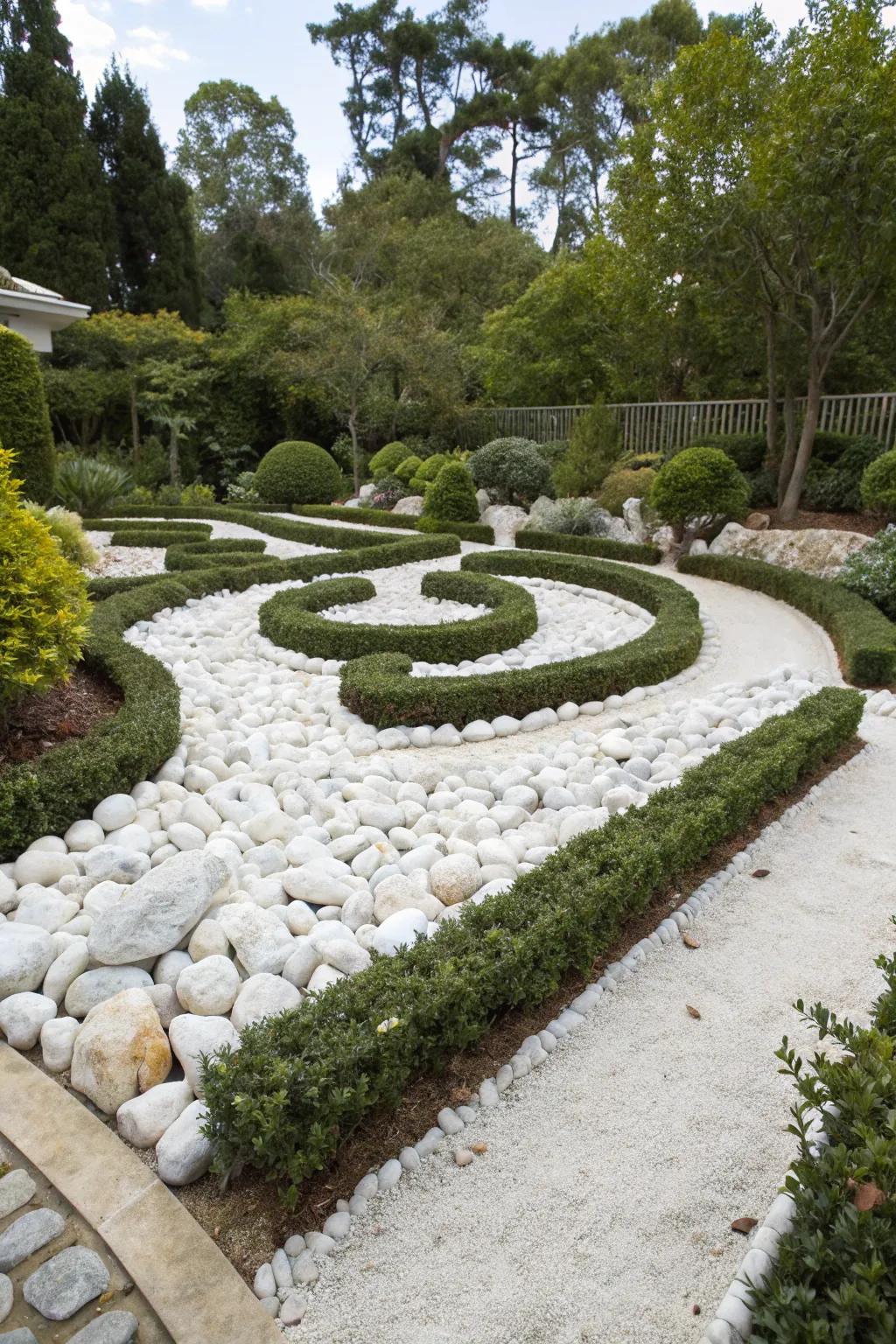 A tidy garden with white rocks, defined by sleek metal or wooden borders.