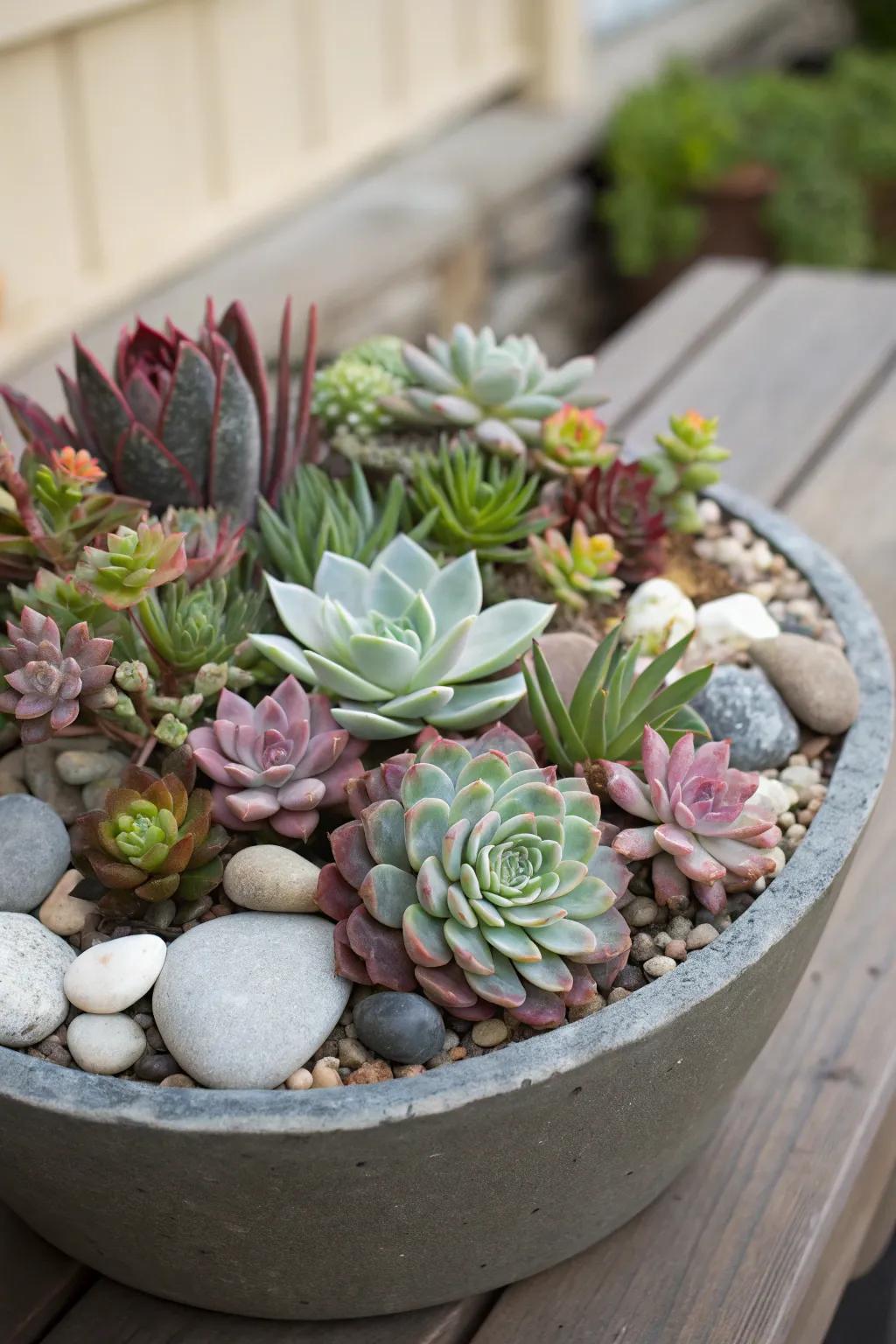 A stylish pot filled with an array of succulents.