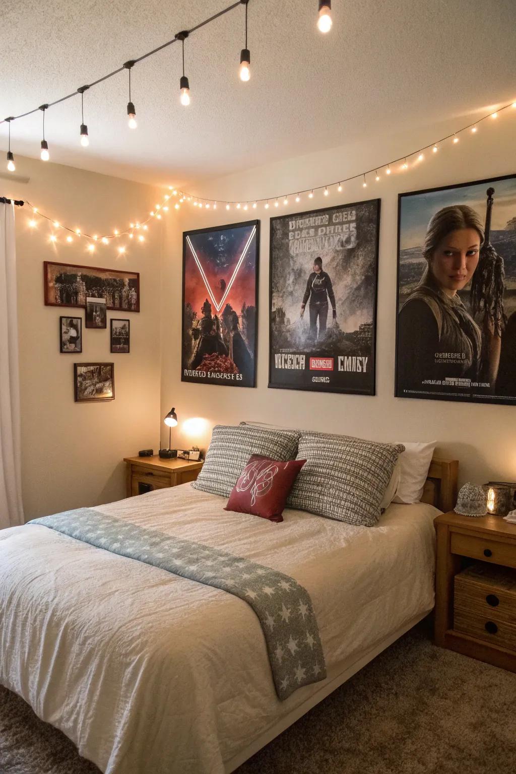 A bedroom featuring symbolic movie imagery artwork above the bed.