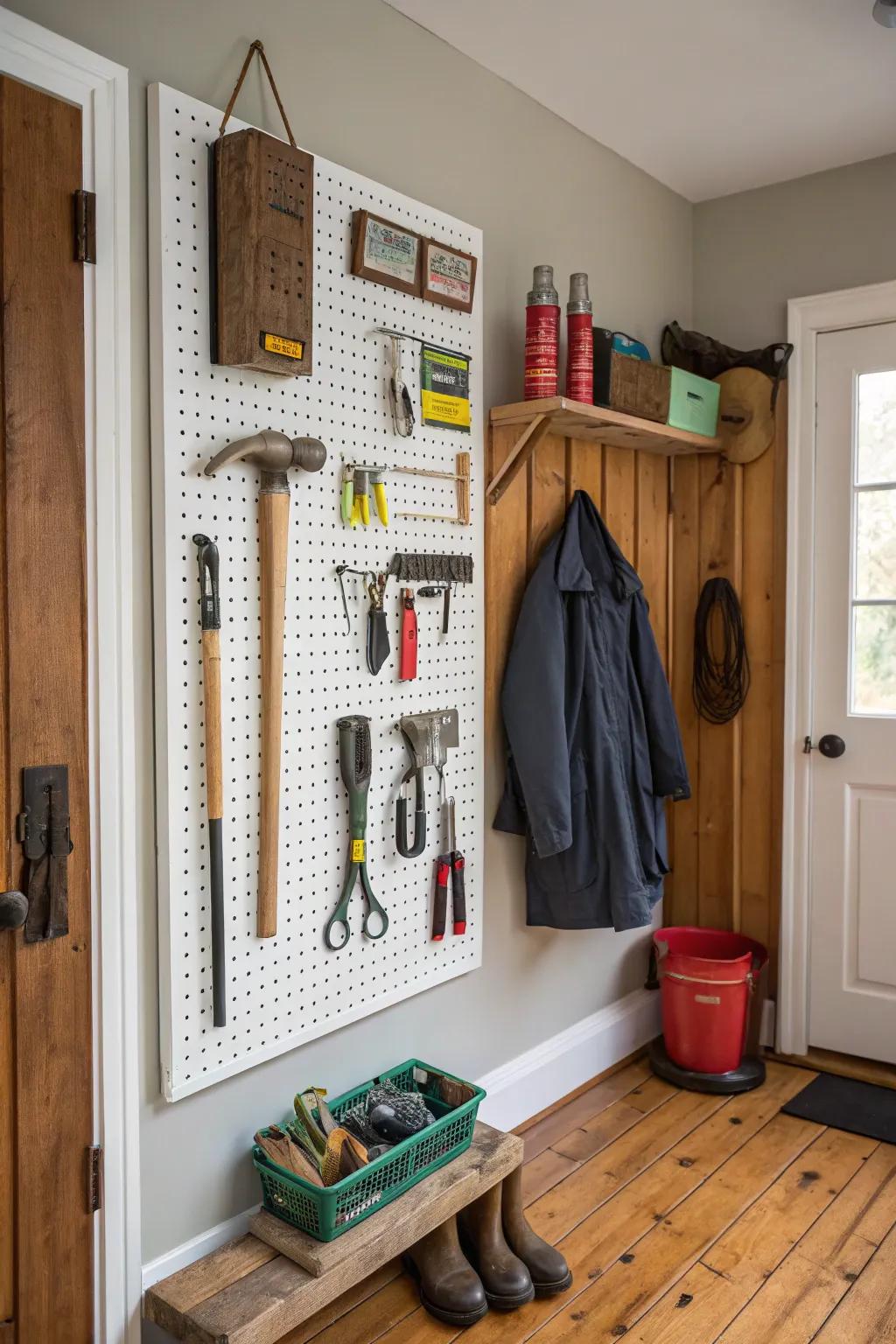 A pegboard offers flexible storage options for a variety of items.