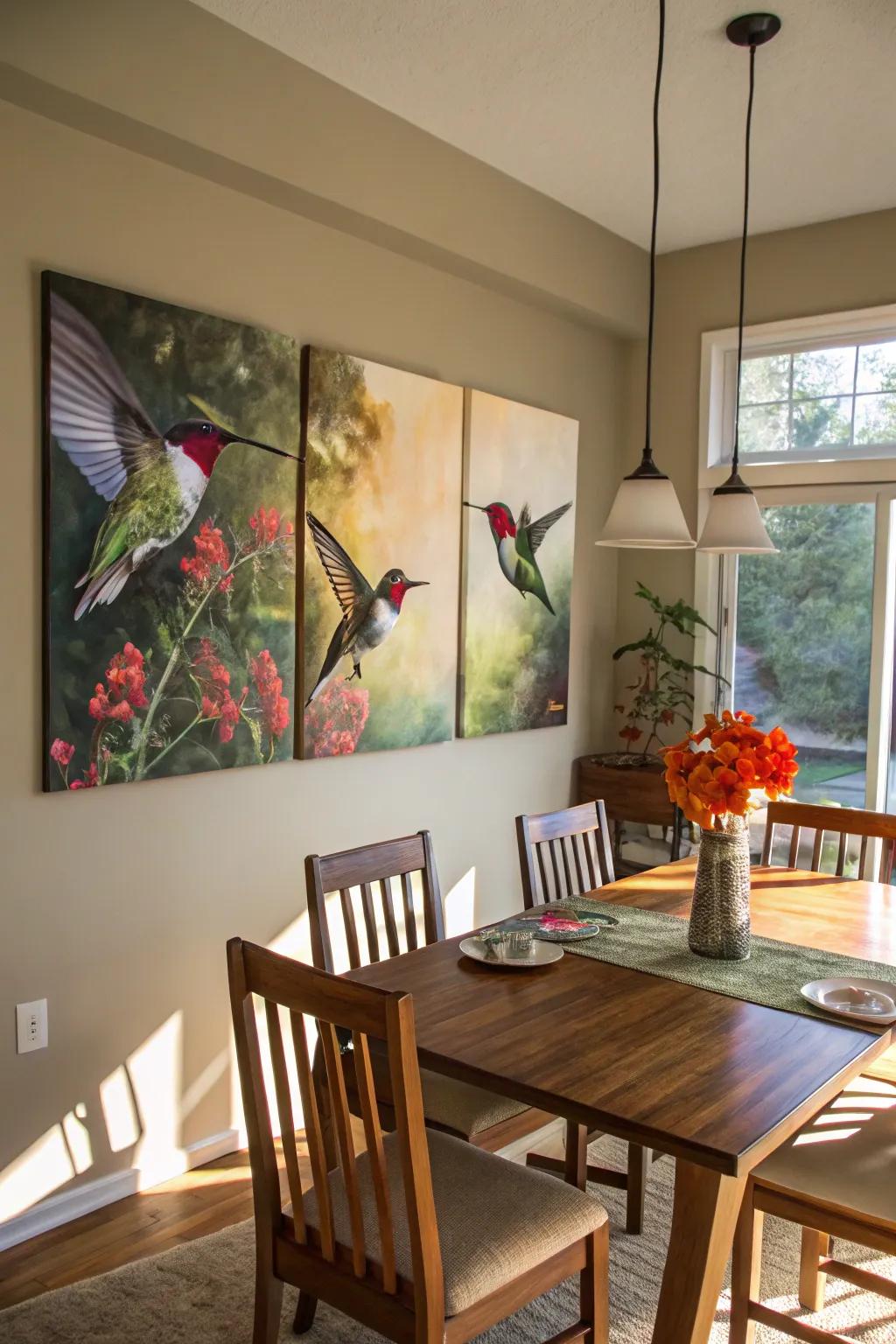 A vibrant depiction of hummingbirds in motion, adding grace and energy to the dining room.