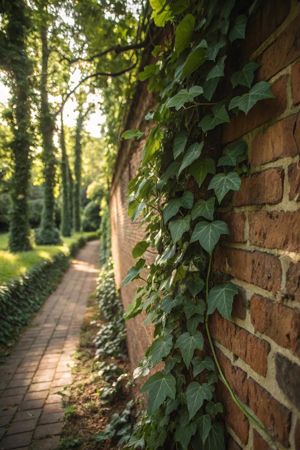 Ivy adding vertical interest with its lush green foliage.