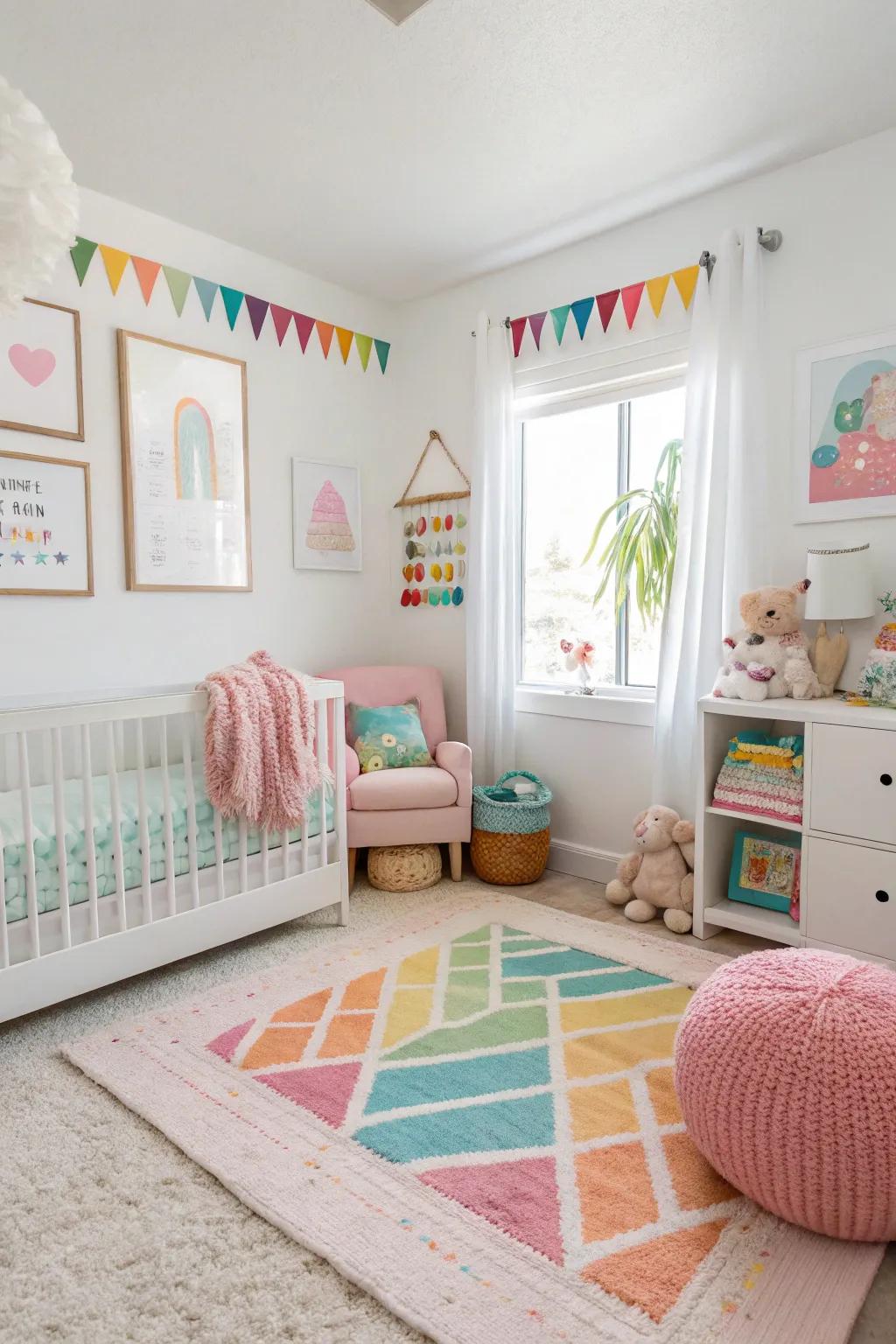 A bright and airy nursery with crisp white walls.