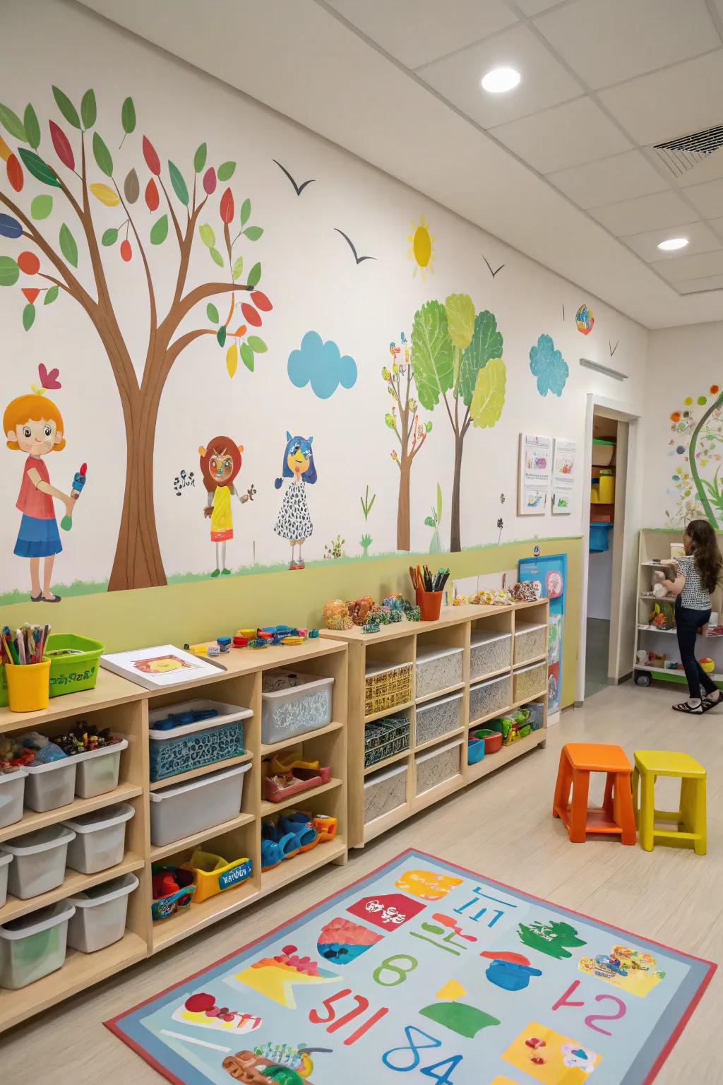 A nursery that inspires creativity with vibrant art and interactive elements.