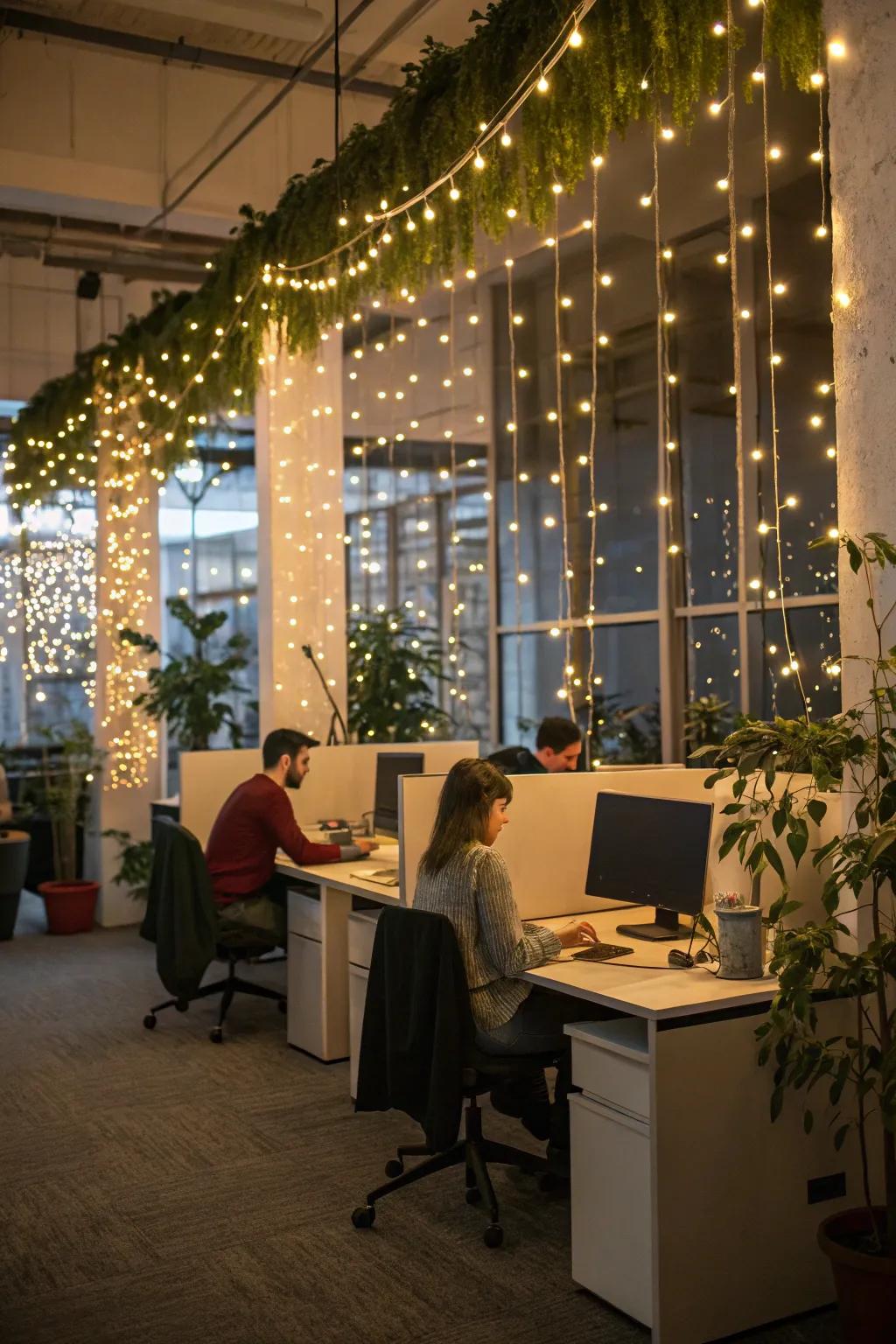 String lights add a touch of magic to the workspace.