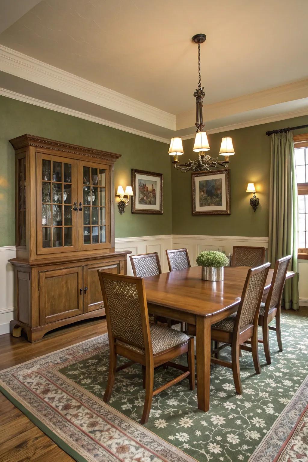 Olive green walls create a warm and elegant dining space.