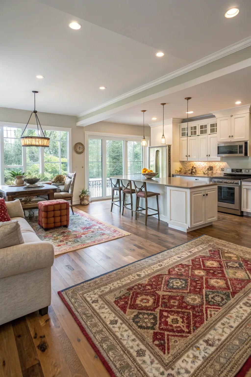 Rugs defining zones in an open concept kitchen and living room.