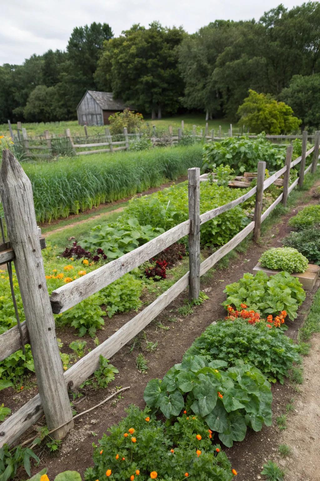 Rustic and functional with cross-hatch fencing for garden spaces.