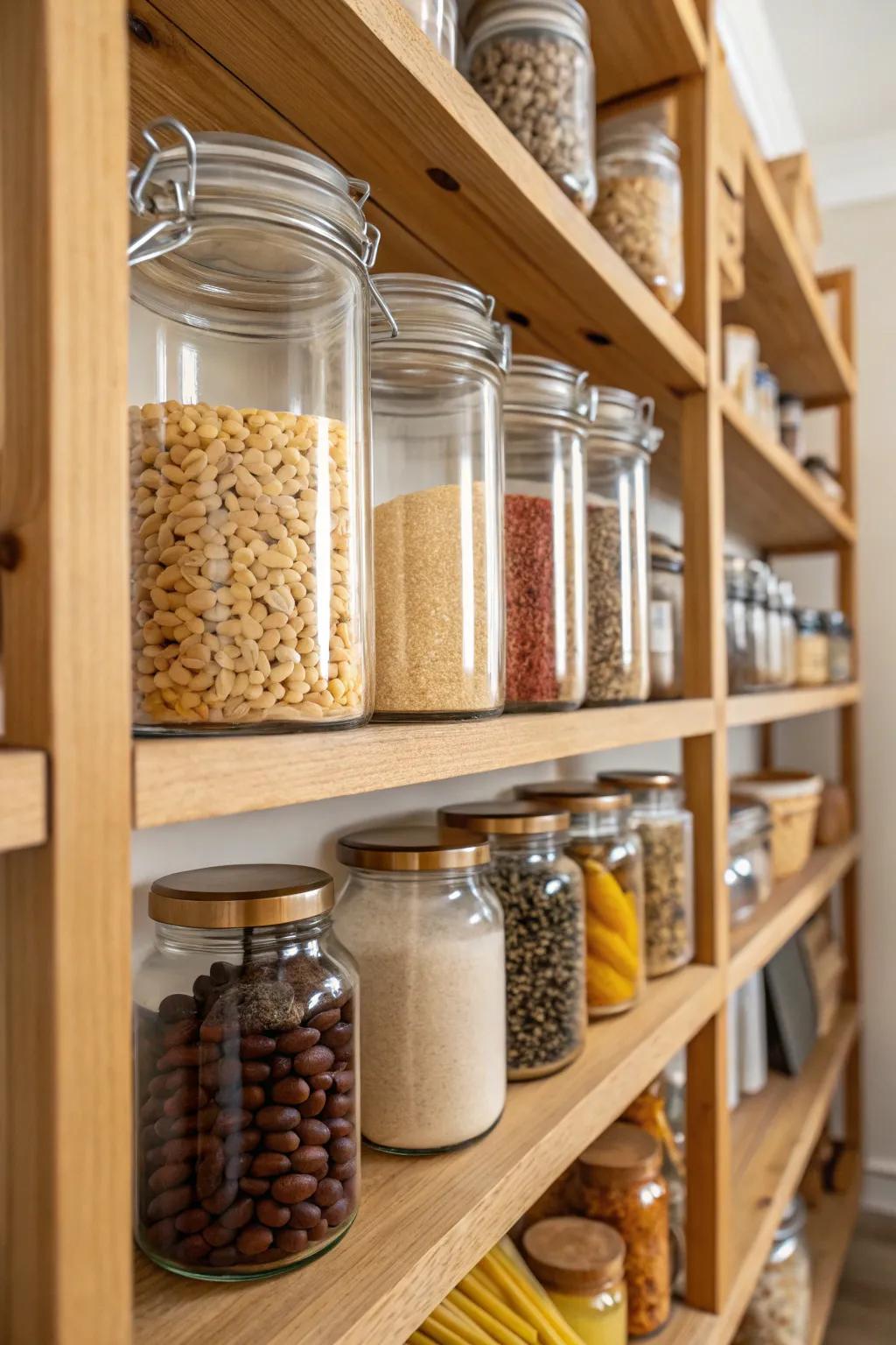 Clear jars offer a neat and cohesive pantry look