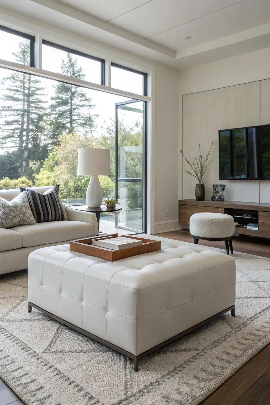 A minimalist ottoman adds a sleek touch to a modern living room.