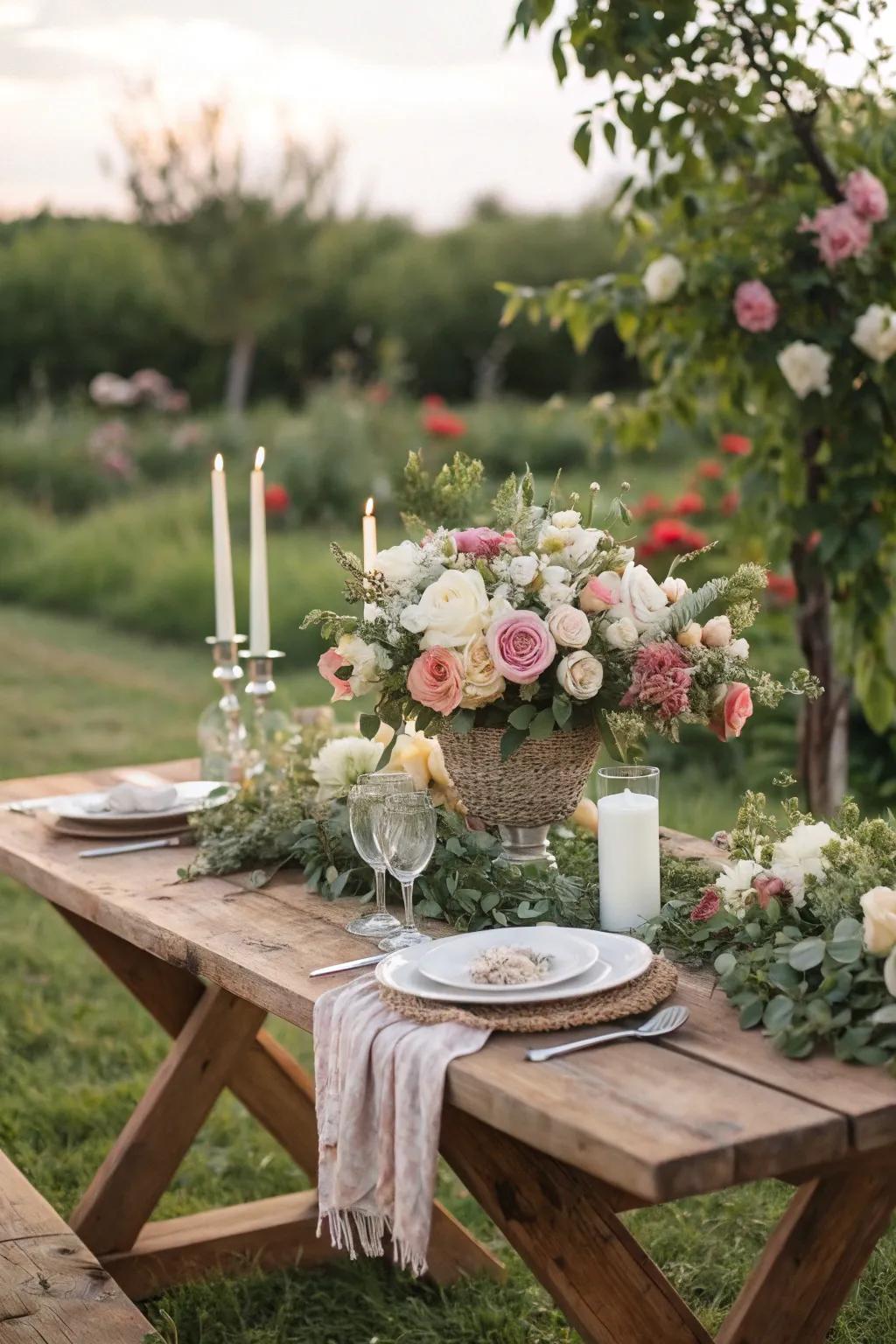 Rustic wooden tables add natural charm to the celebration.