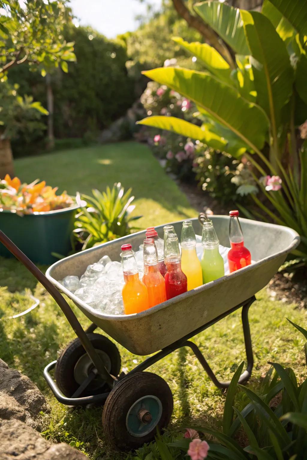 A wheelbarrow bar adds whimsy to your outdoor event.