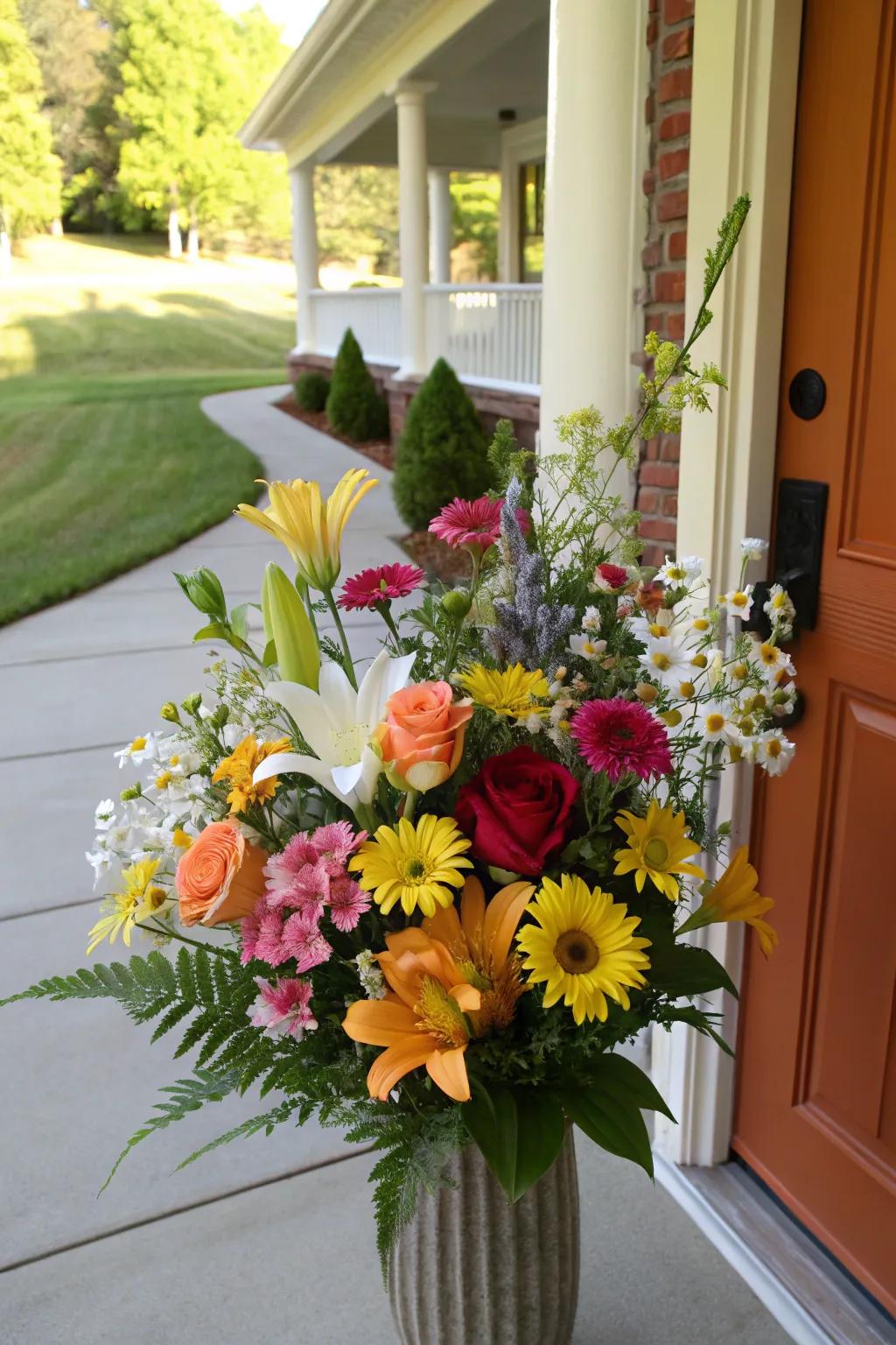 A vibrant floral display welcoming guests at the front door.