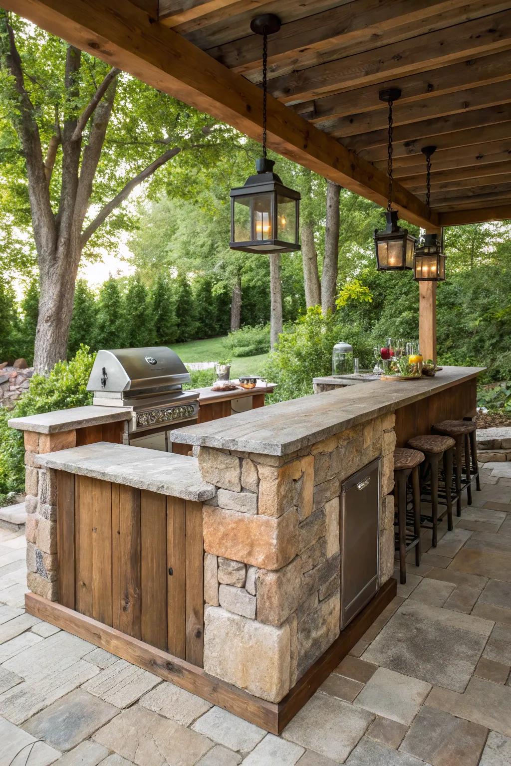 Rustic materials create a warm and inviting outdoor retreat.