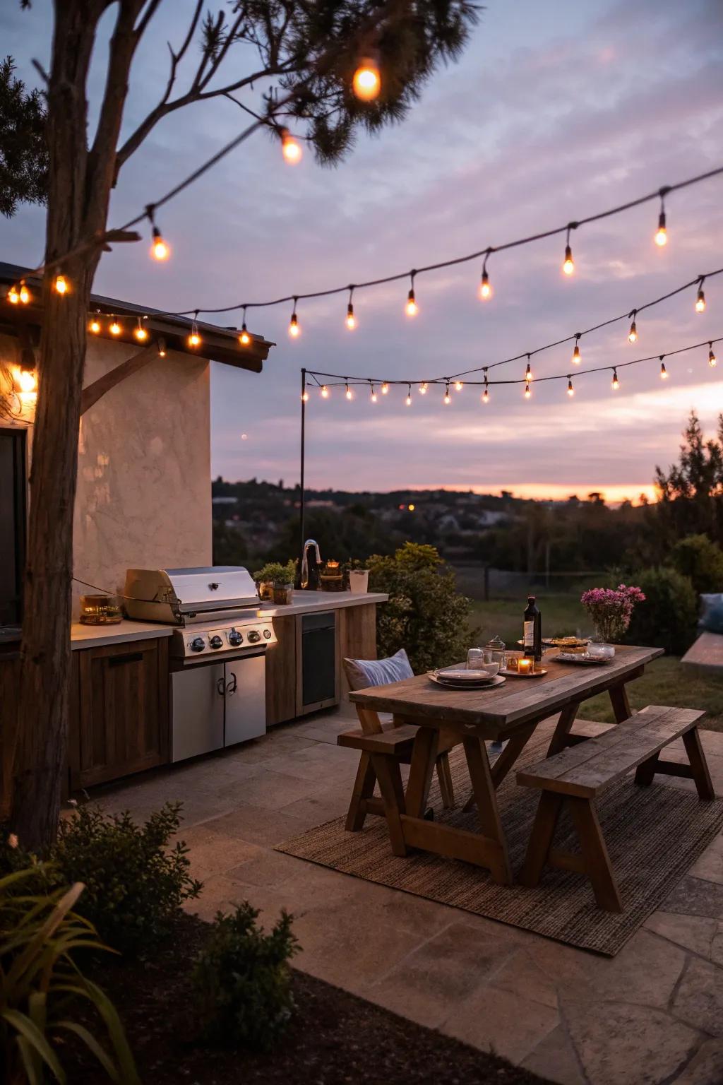 String lights add a touch of magic to your outdoor kitchen.