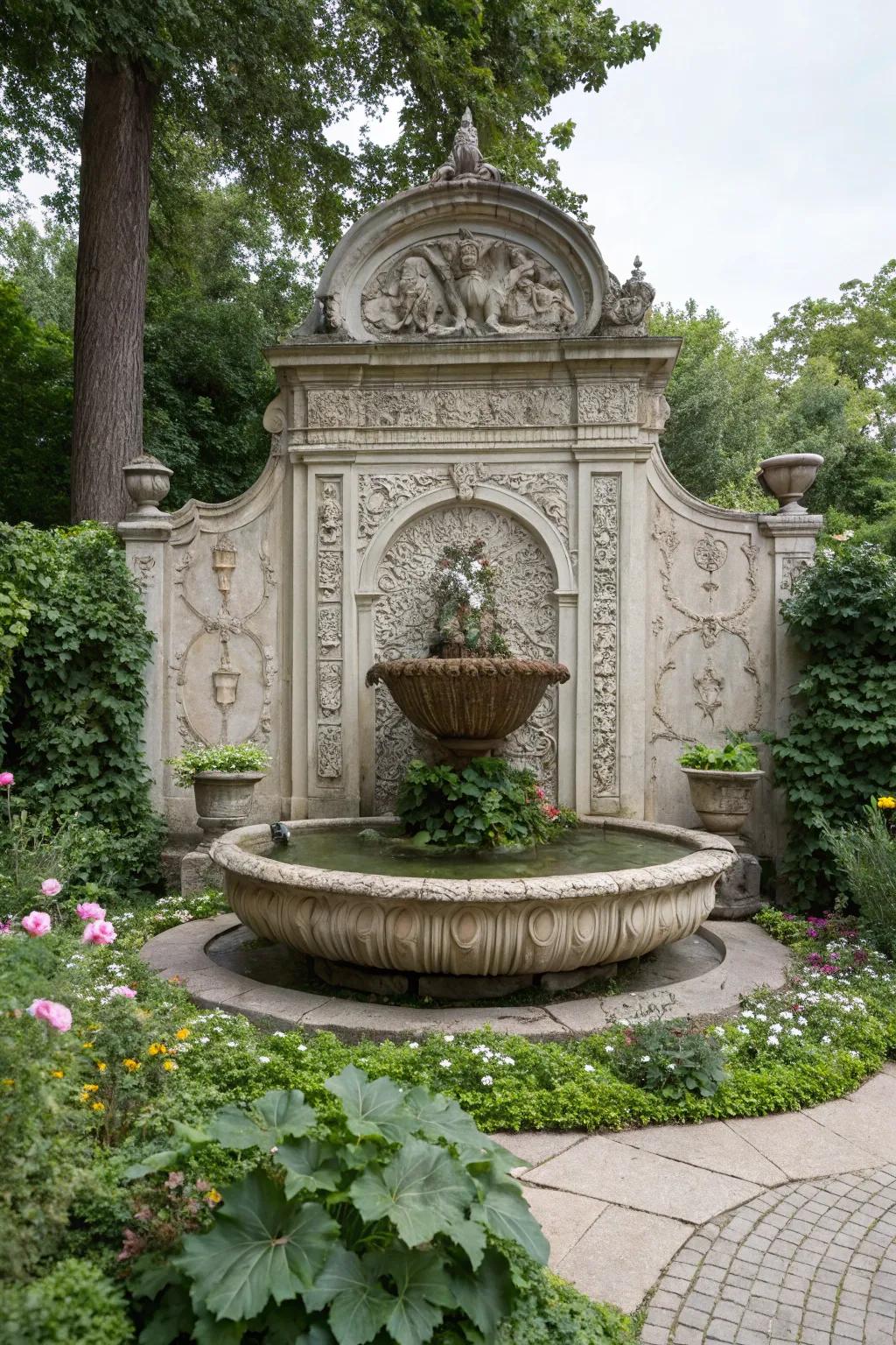 Decorative accents add drama and artistic flair to wall fountains.