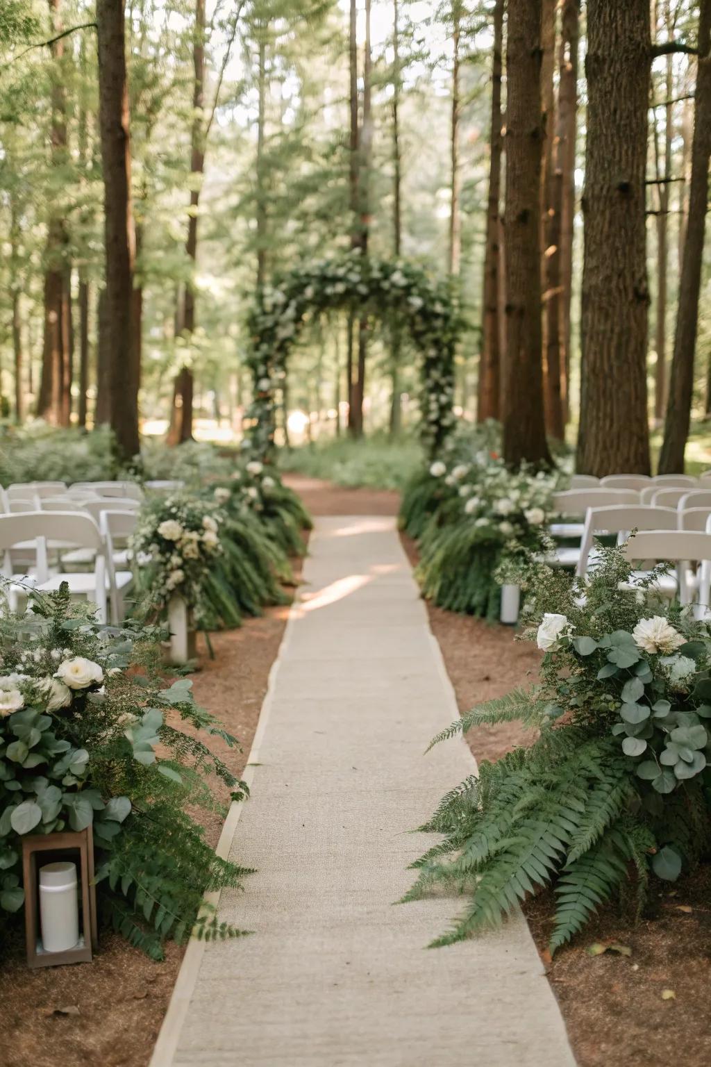 An aisle decorated with natural greenery for simple elegance.