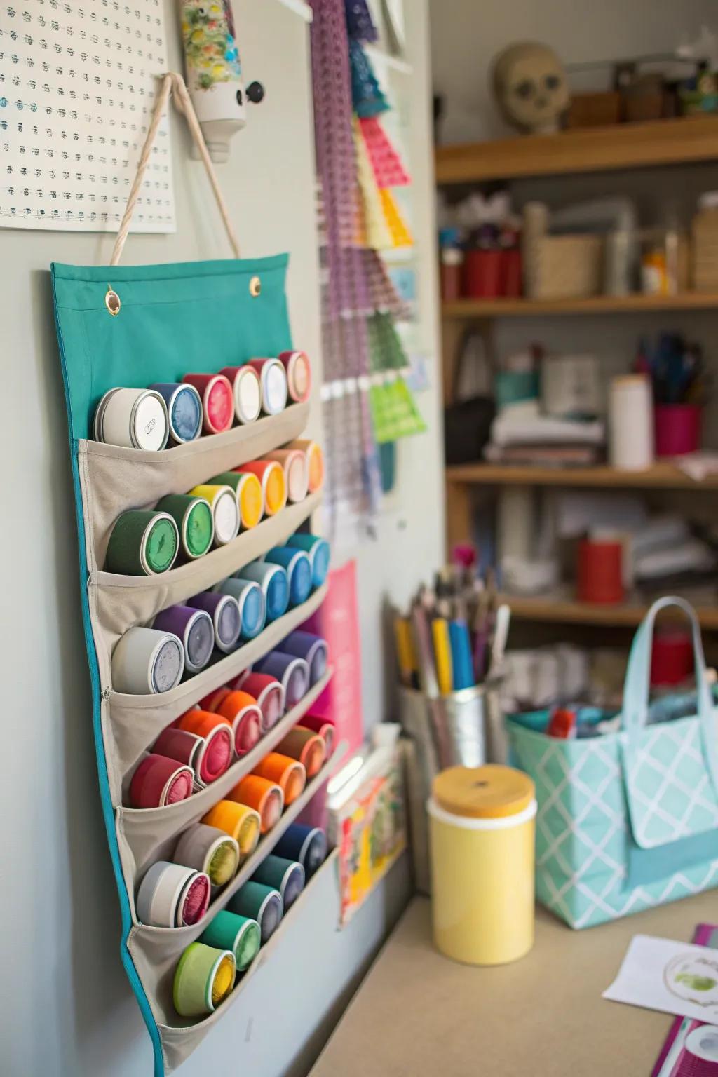 A hanging shoe organizer repurposed for storing small paint cans.