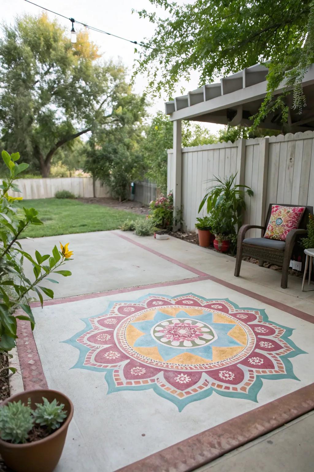 A painted faux rug adds warmth and structure to this patio space.