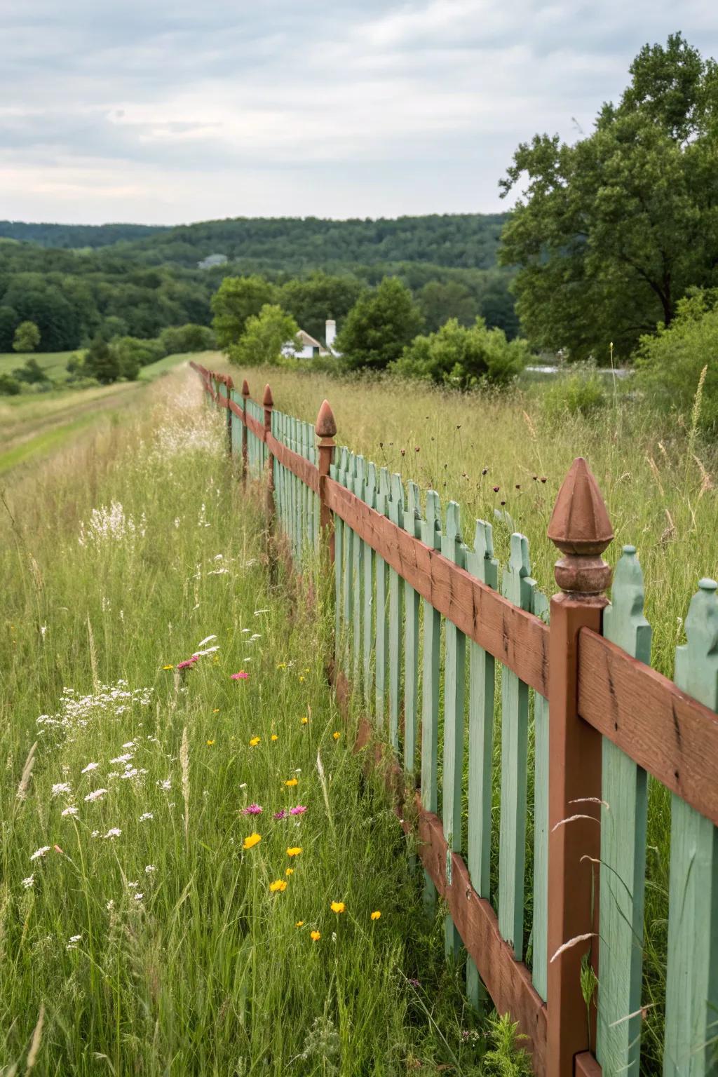 A picket fence blending naturally with its earthy surroundings.