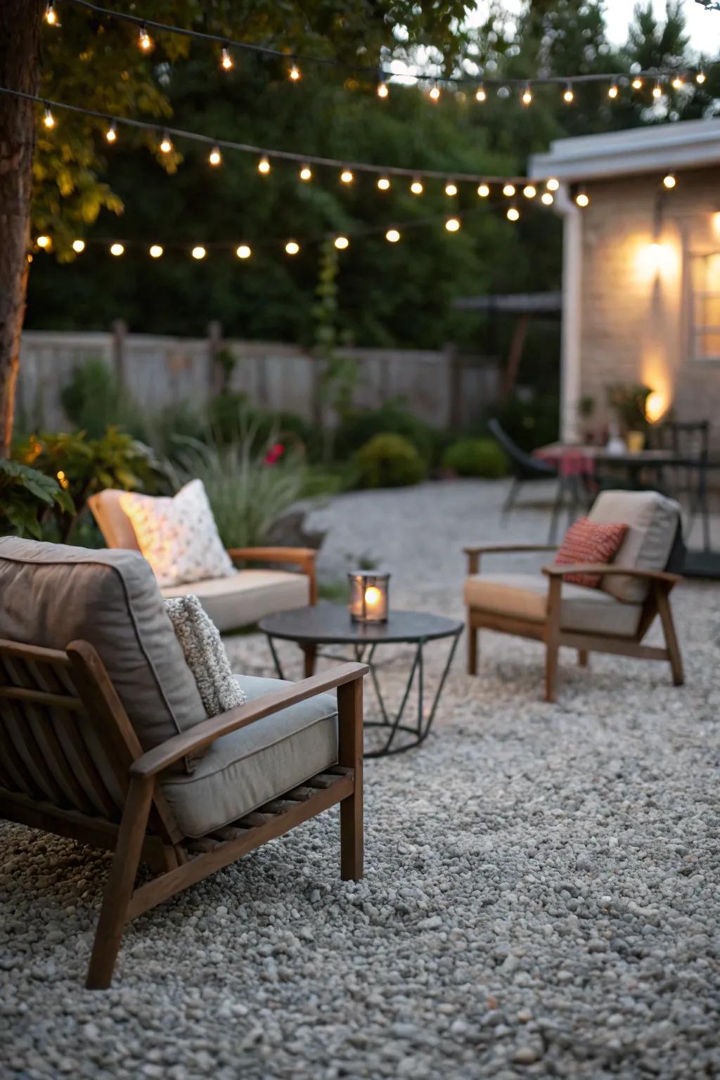 Choose gravel for a low-maintenance and relaxed patio.