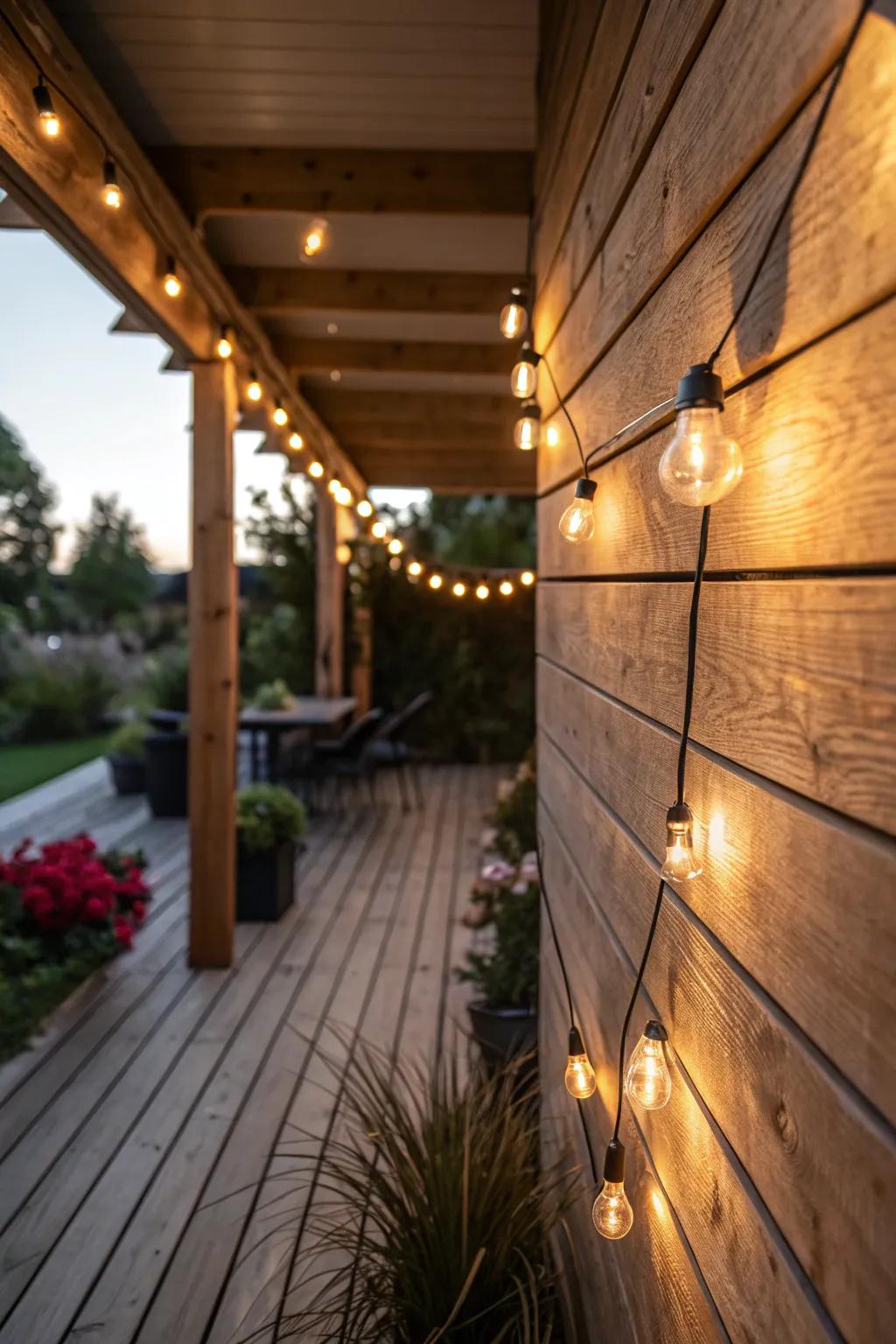 A wooden wall with string lights for a magical evening glow.