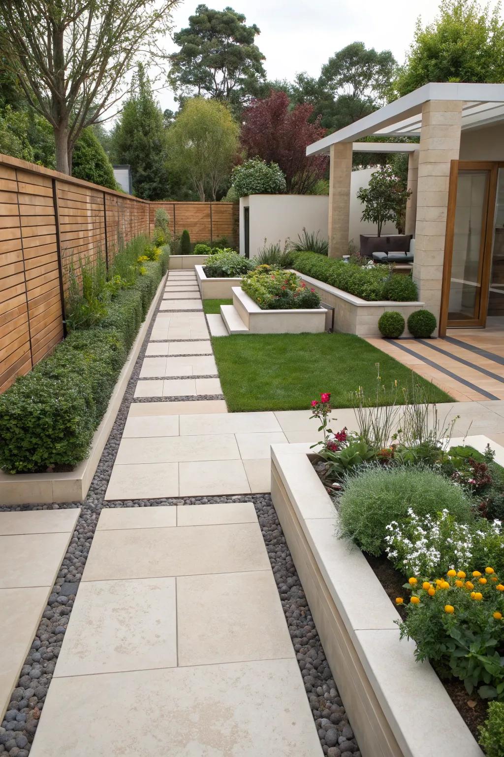 Modern aesthetics with paver flower beds.