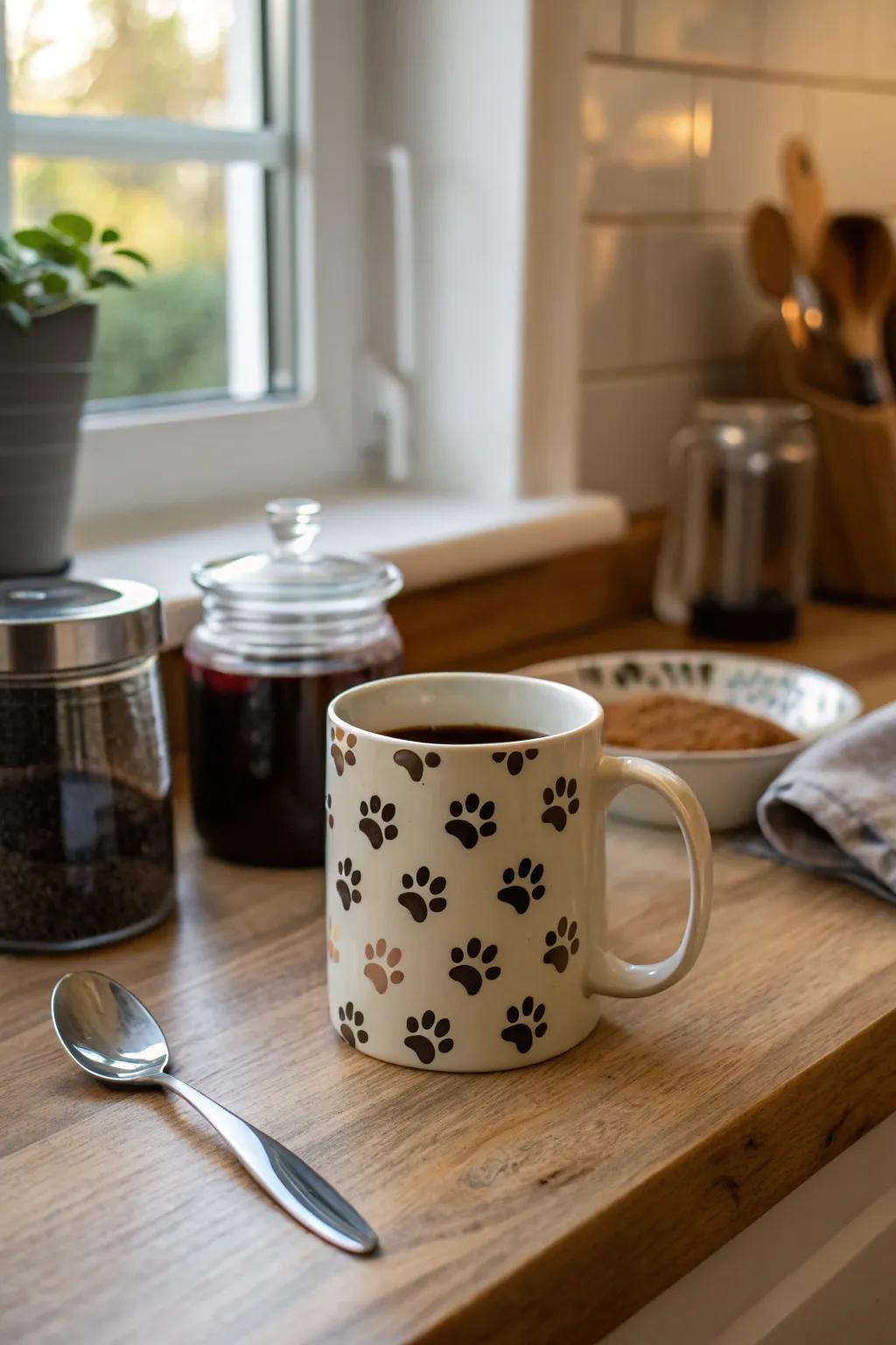 Pet paw print drinkware making mornings special.