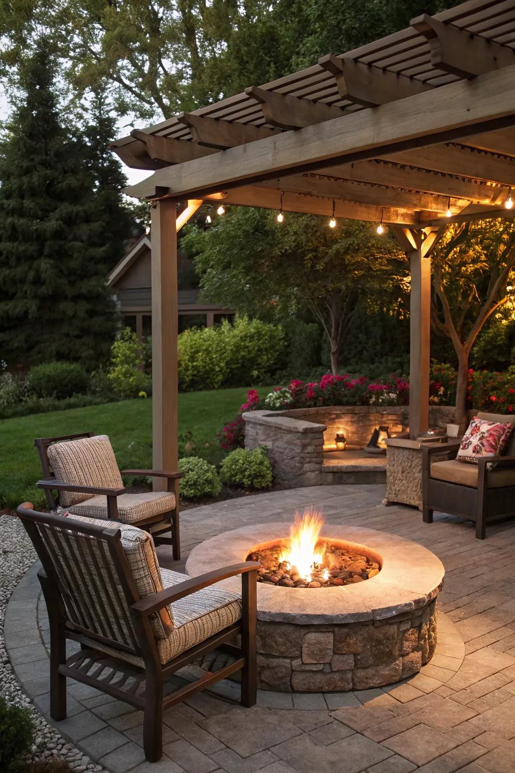 A fire pit adds warmth and ambiance, perfect for cozy gatherings.