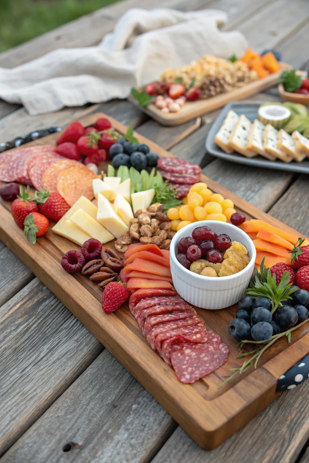 A well-arranged charcuterie board elevates the picnic experience.