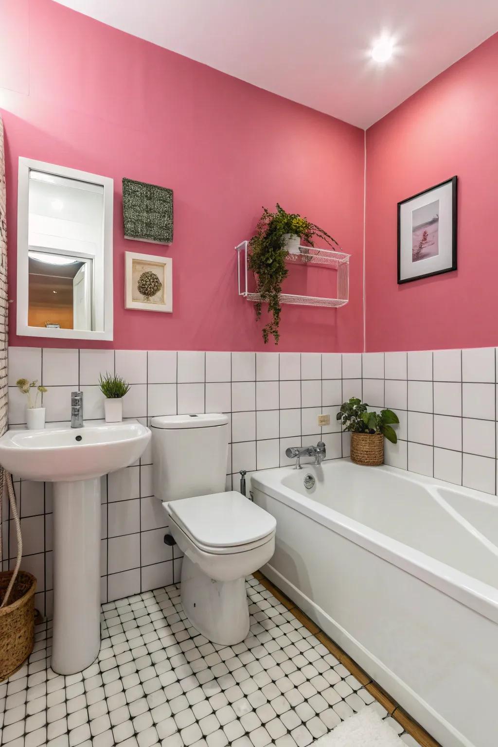 A bold pink wall creates a striking focal point.