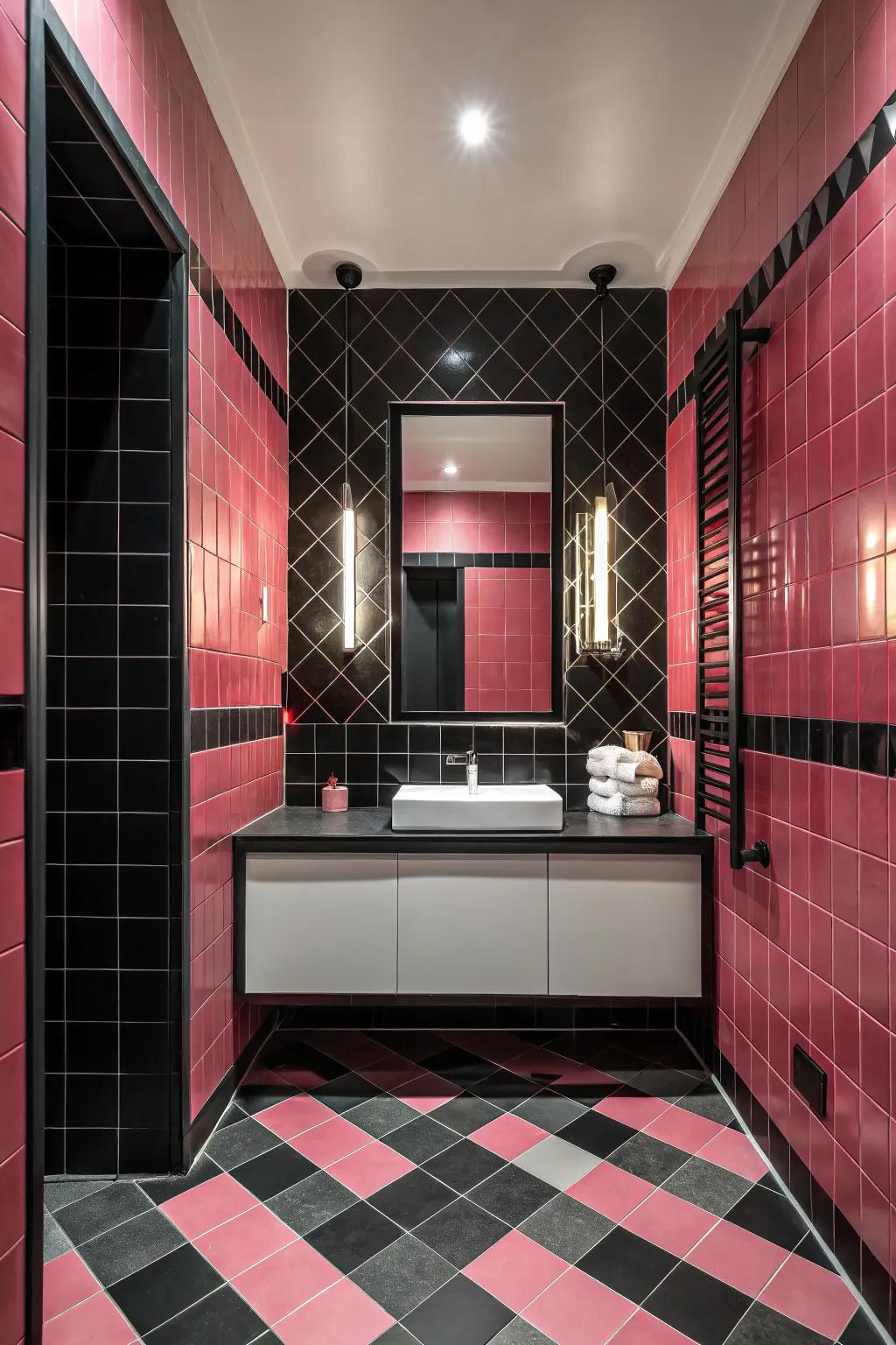 A bold contrast of pink and black tiles in a striking bathroom design.