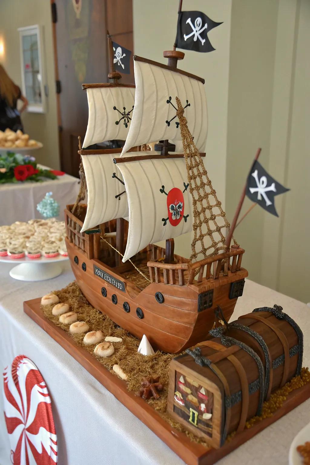 Impress your guests with a stunning pirate ship cake.