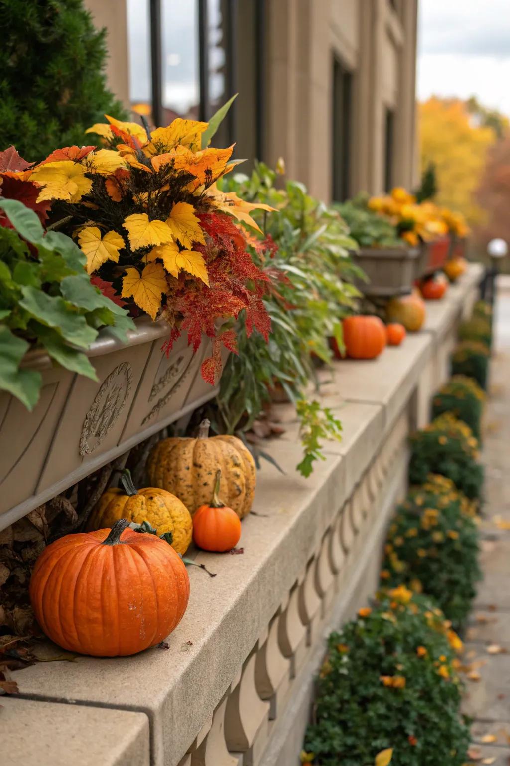 Seasonal items like pumpkins bring a festive touch to this plant ledge.